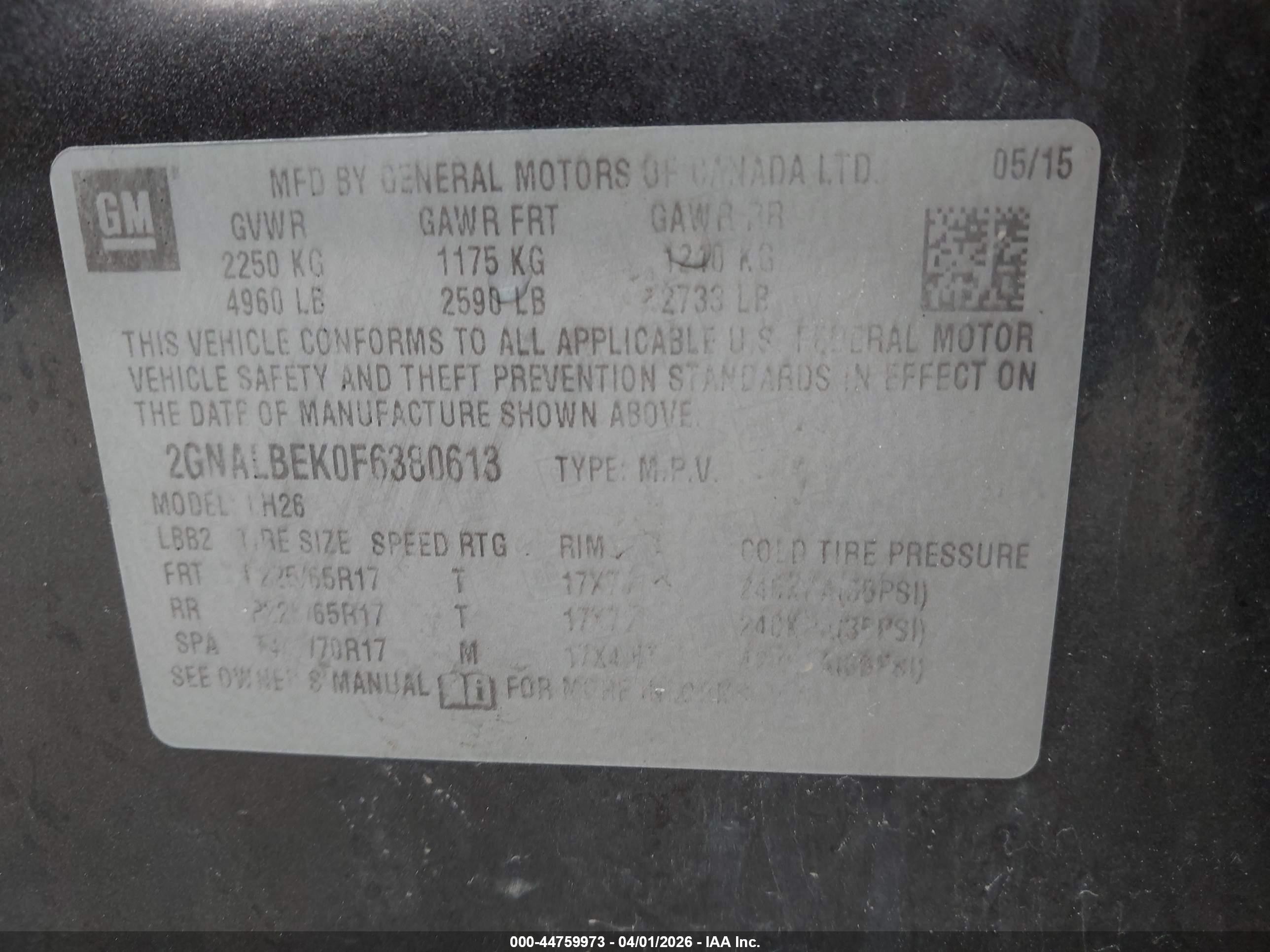 2015 Chevrolet Equinox 1lt Gray vin: 2GNALBEK0F6380613
