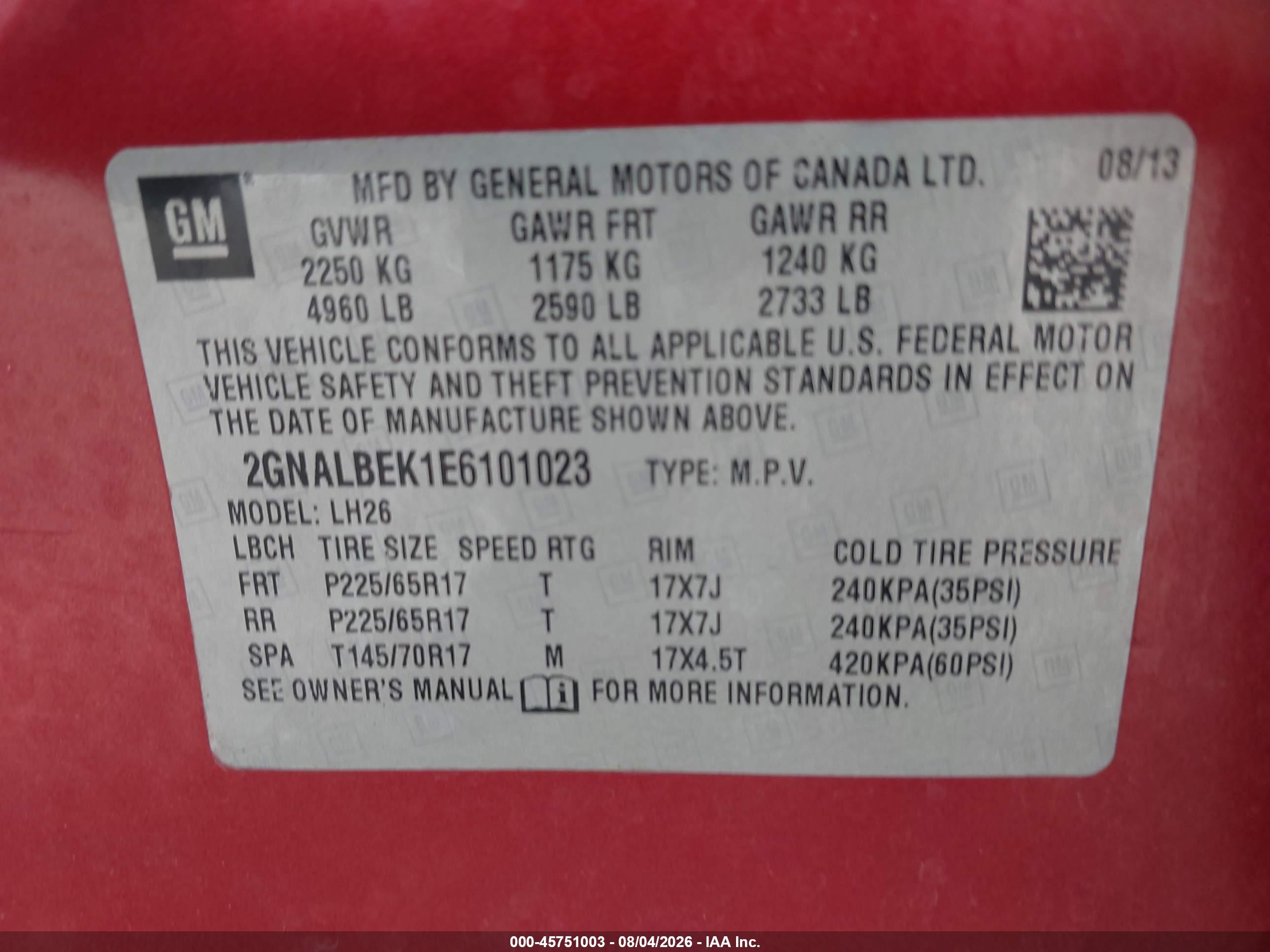 2014 Chevrolet Equinox Lt Red vin: 2GNALBEK1E6101023