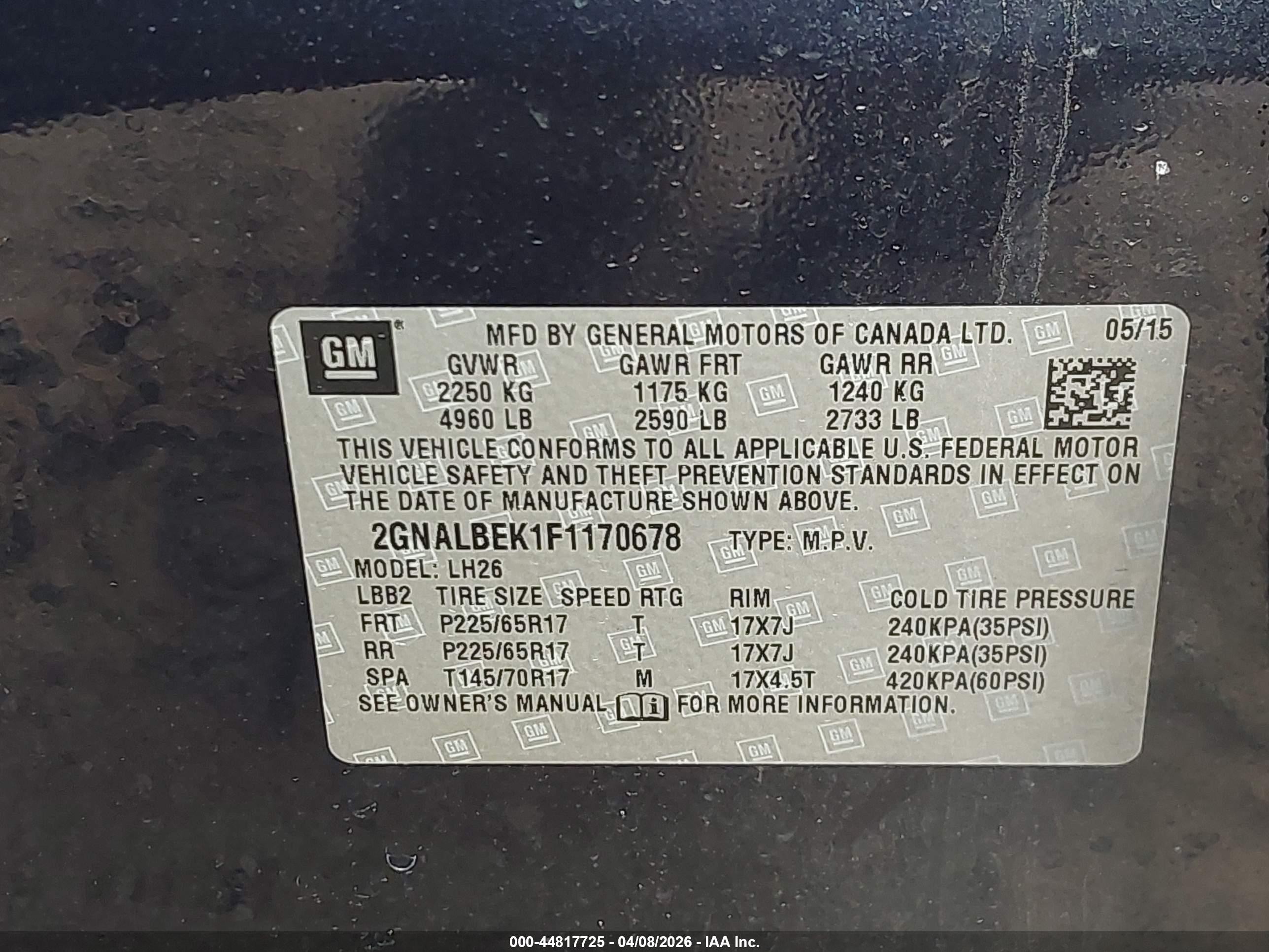 2015 Chevrolet Equinox 1lt Navy vin: 2GNALBEK1F1170678