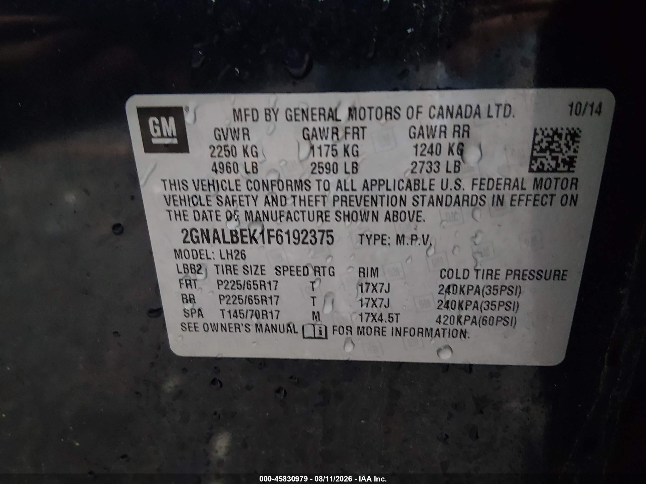 2015 Chevrolet Equinox Lt Blue vin: 2GNALBEK1F6192375
