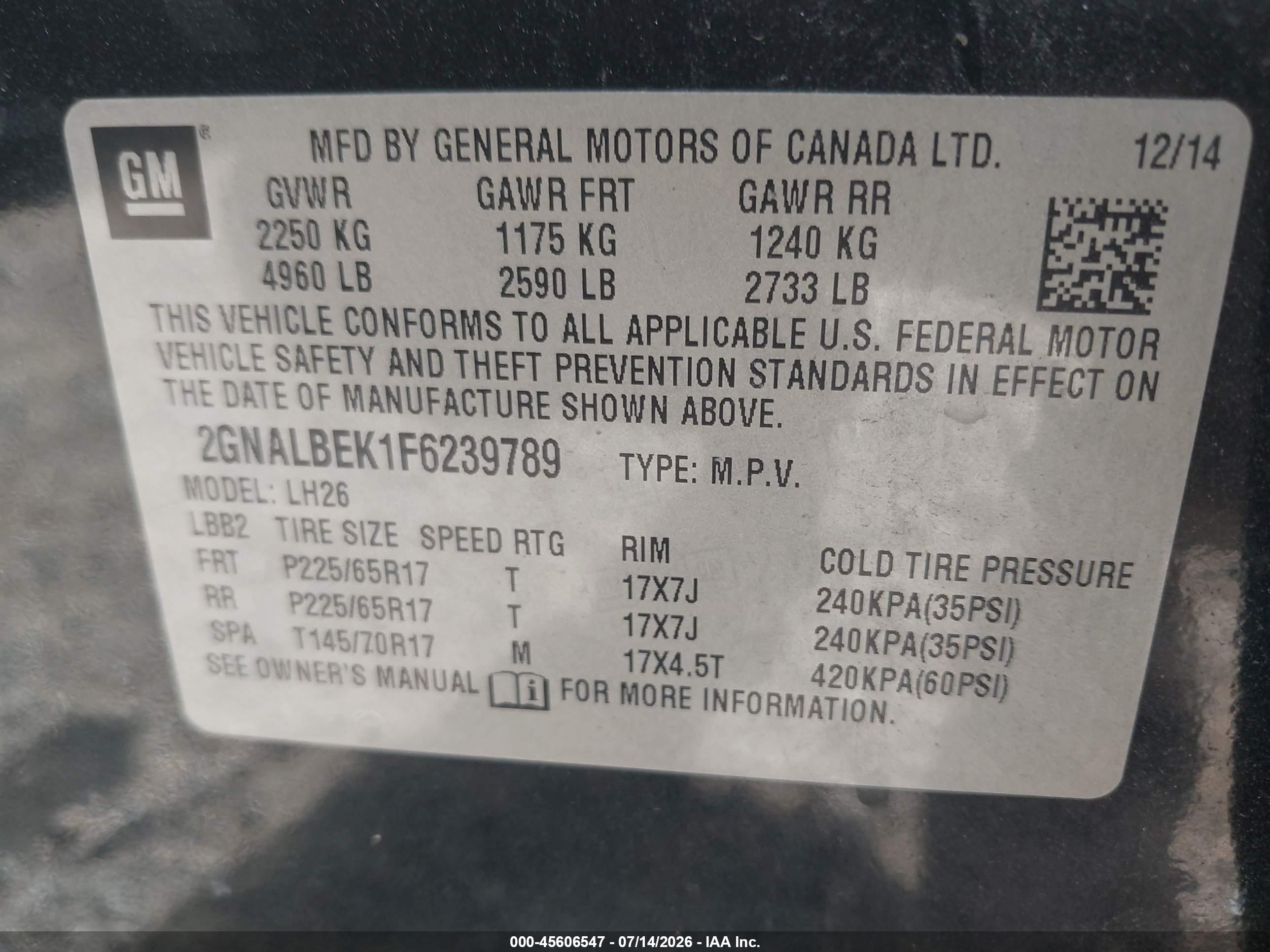 2015 Chevrolet Equinox Lt Black vin: 2GNALBEK1F6239789