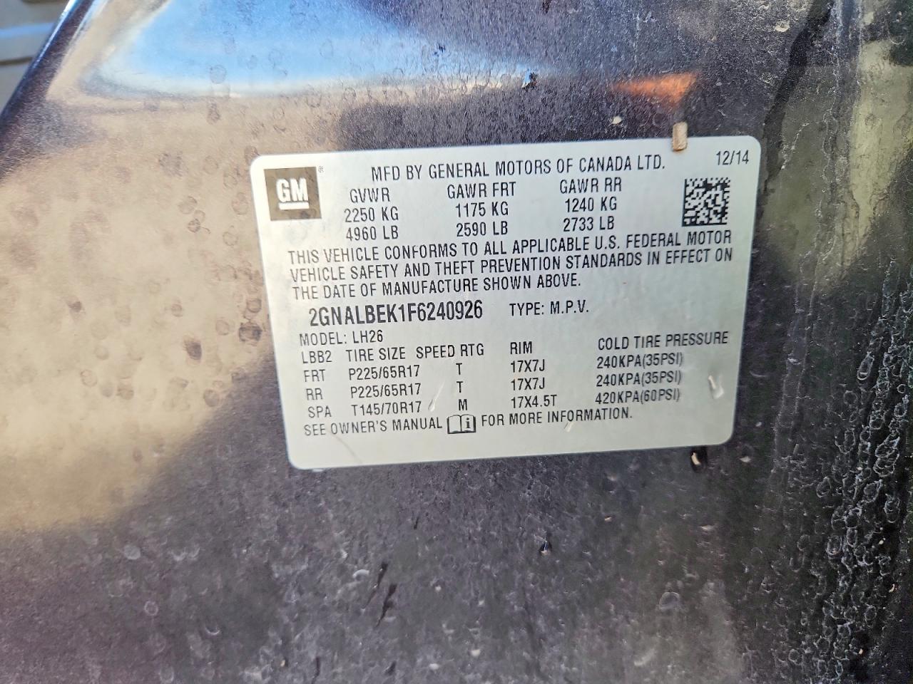 2015 Chevrolet Equinox Lt Серый vin: 2GNALBEK1F6240926