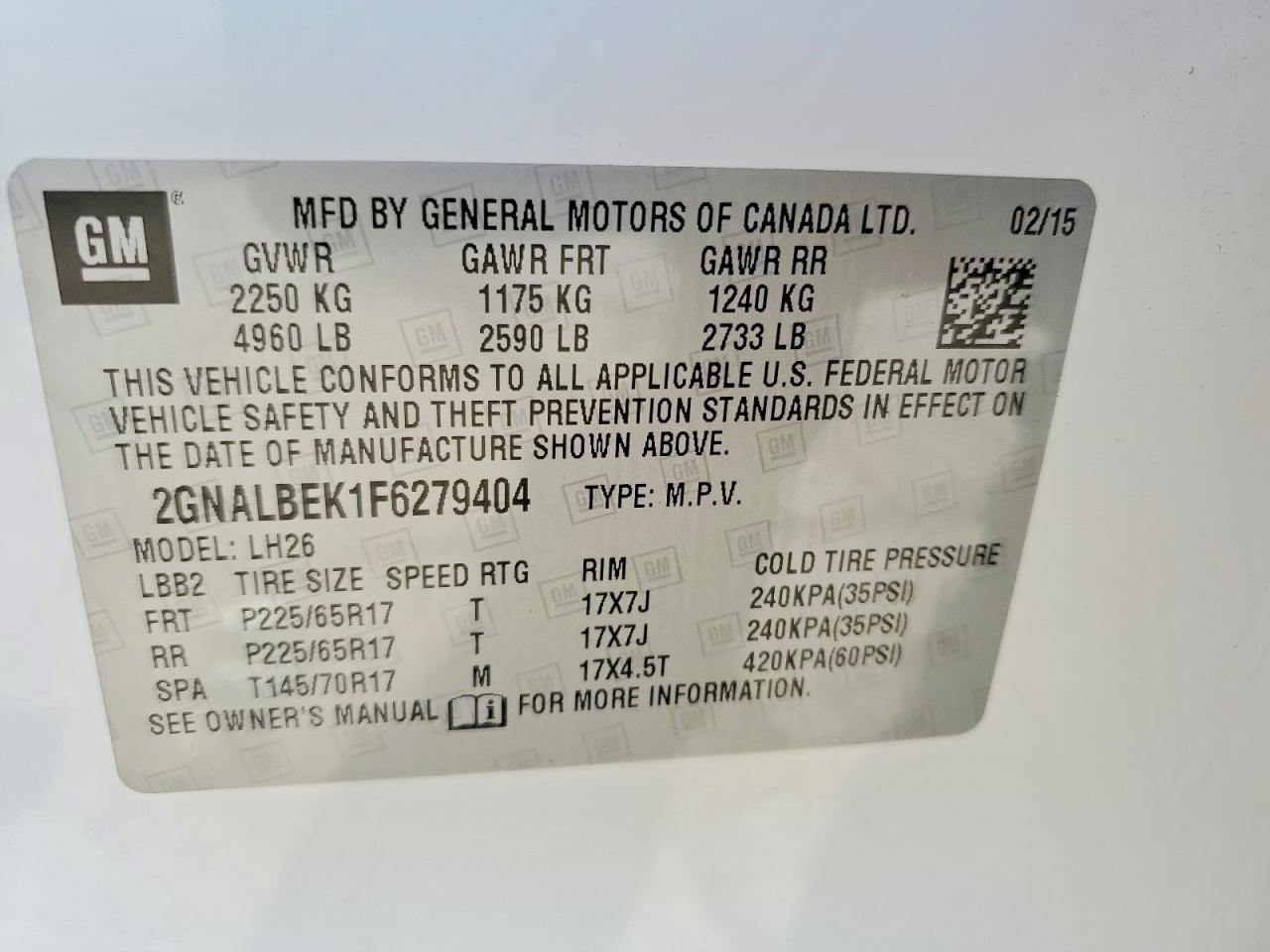 2015 Chevrolet Equinox Lt White vin: 2GNALBEK1F6279404