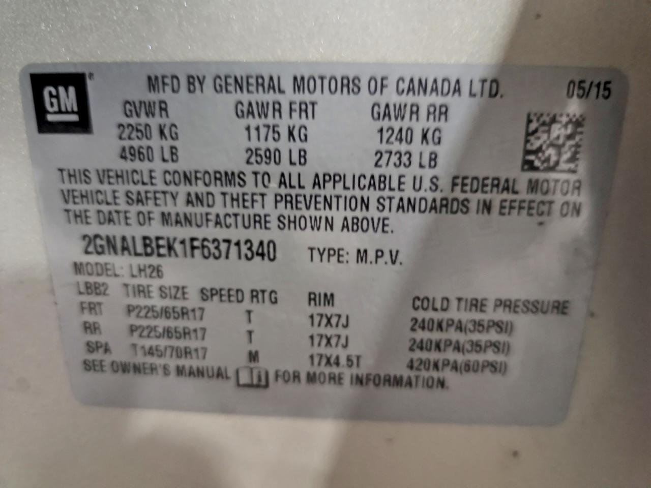 2015 Chevrolet Equinox Lt Cream vin: 2GNALBEK1F6371340