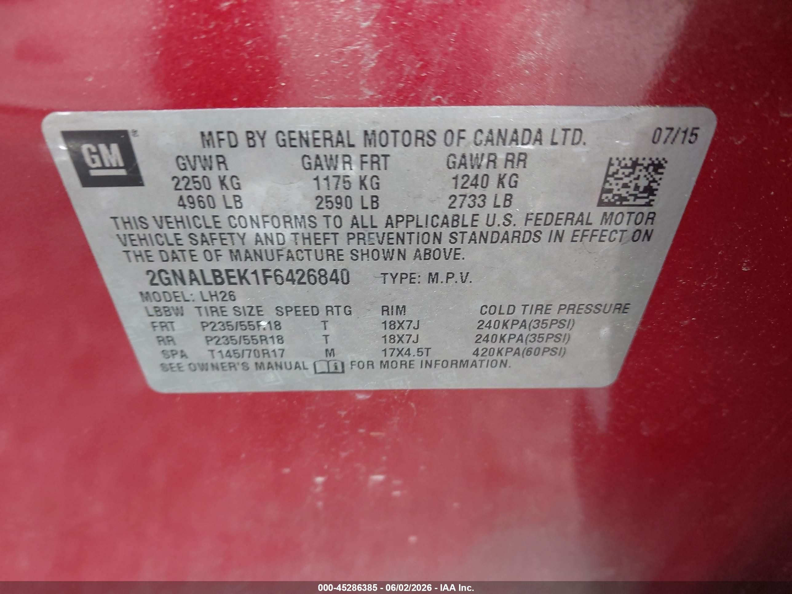 2015 Chevrolet Equinox 1lt Red vin: 2GNALBEK1F6426840
