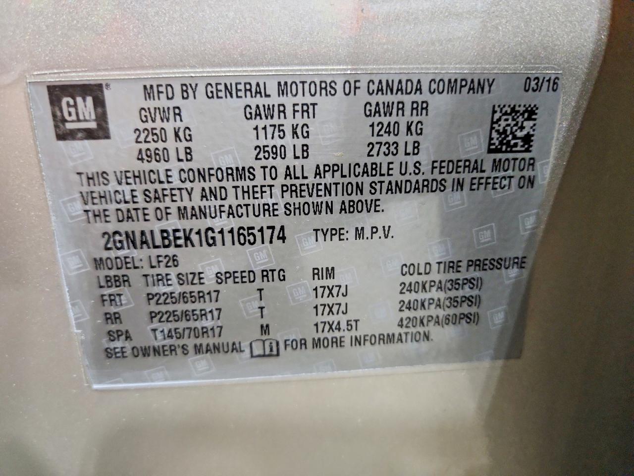2016 Chevrolet Equinox Gold vin: 2GNALBEK1G1165174