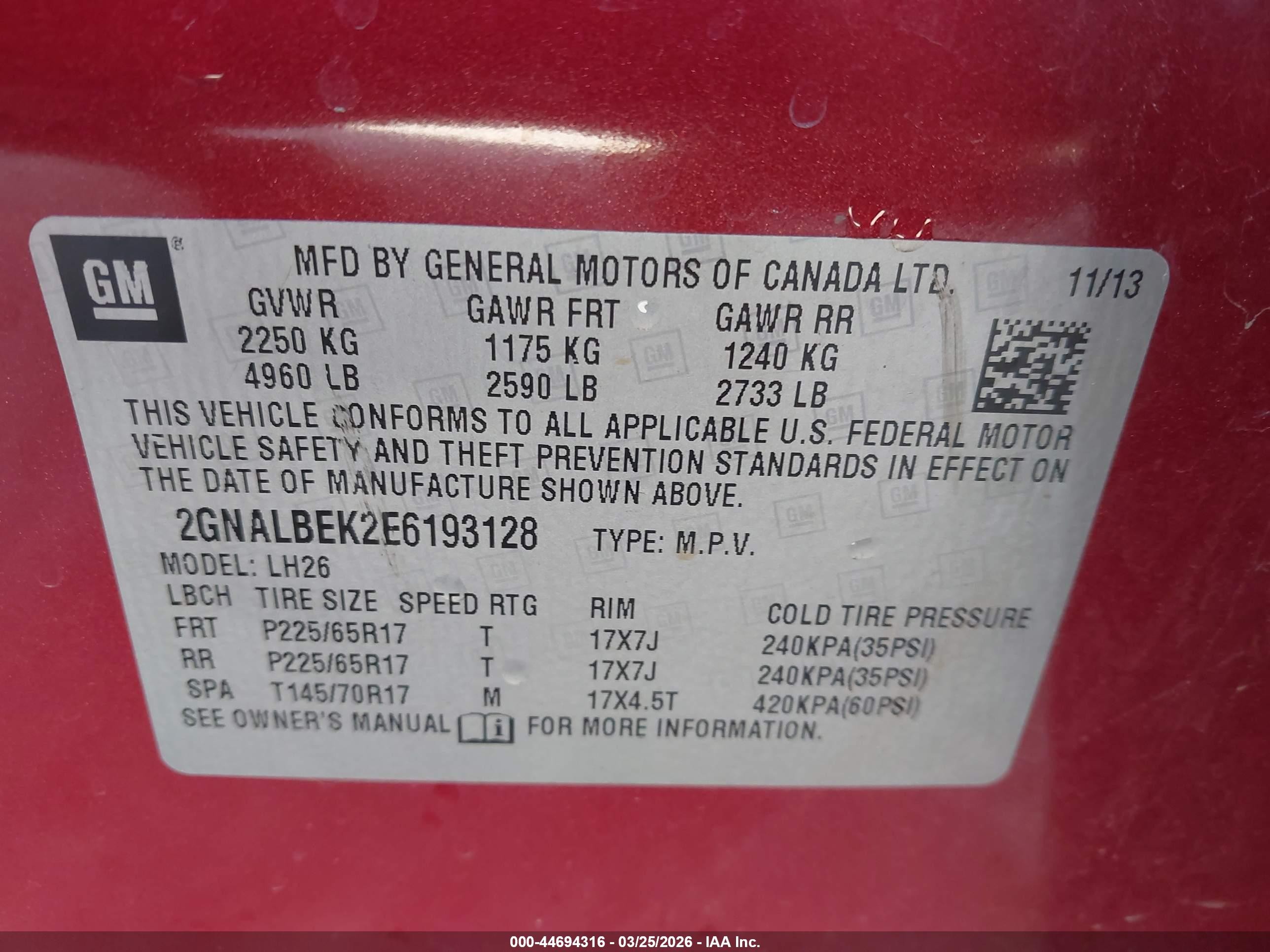 2014 Chevrolet Equinox 1lt Red vin: 2GNALBEK2E6193128