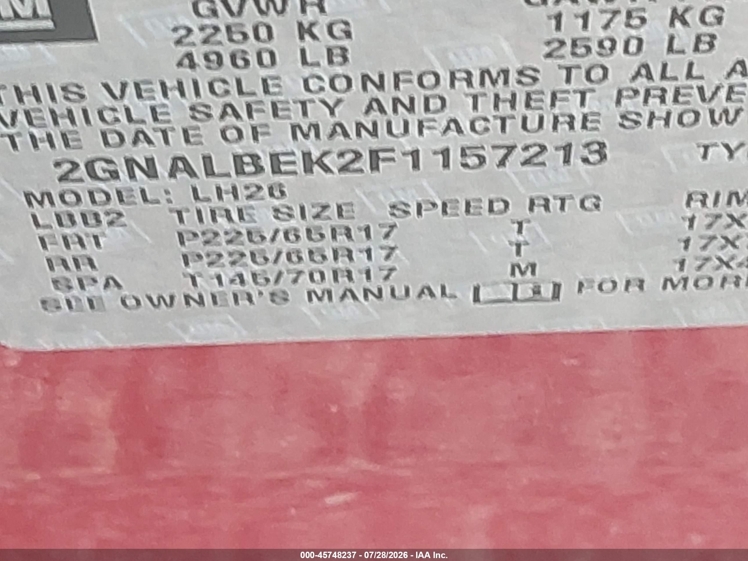 2015 Chevrolet Equinox Lt Red vin: 2GNALBEK2F1157213