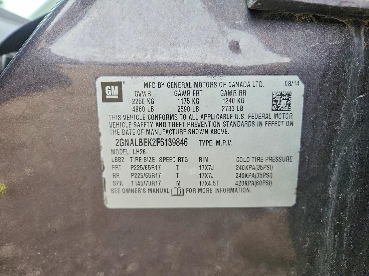 2015 Chevrolet Equinox Lt Charcoal vin: 2GNALBEK2F6139846