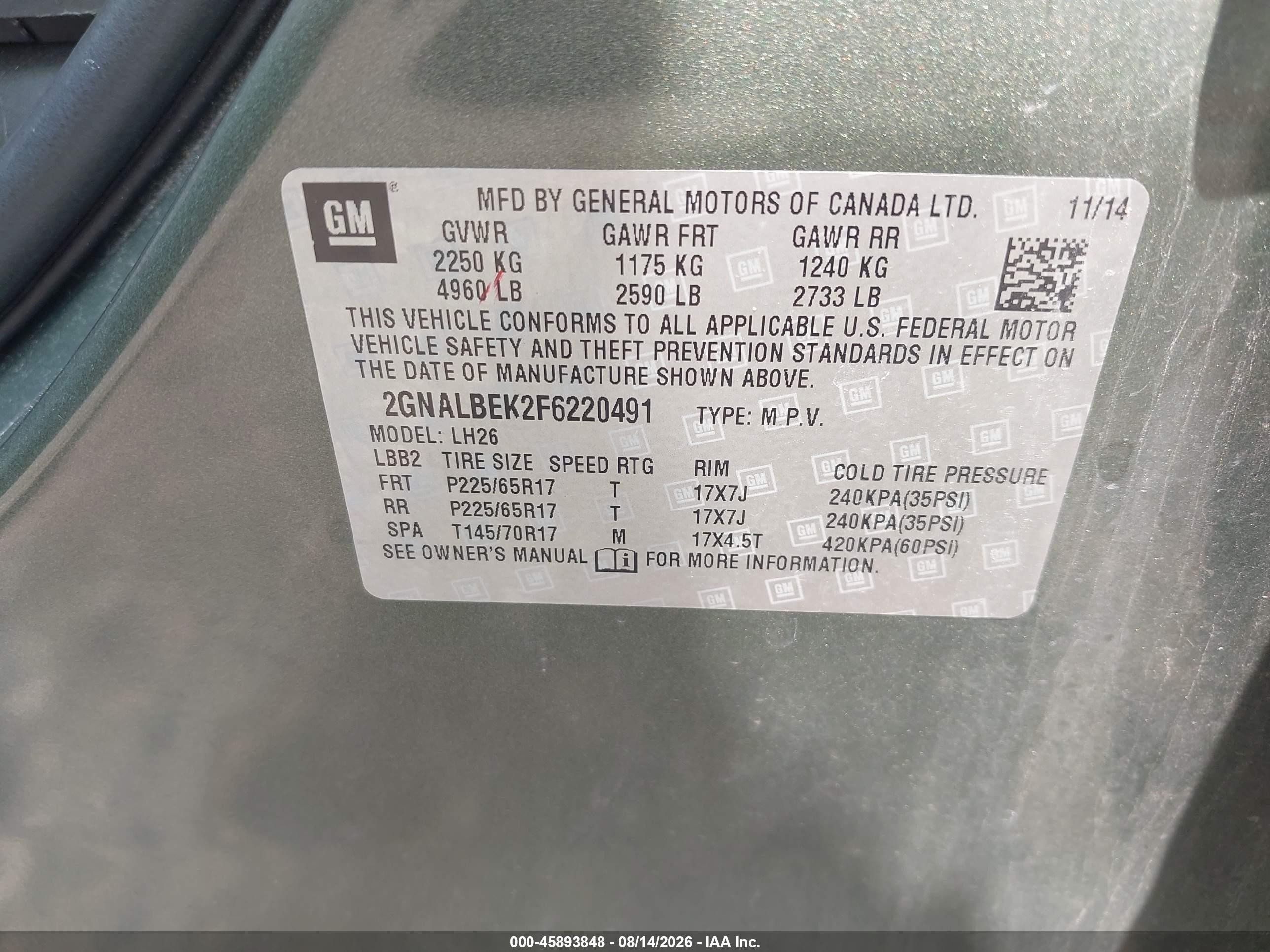2015 Chevrolet Equinox Lt Green vin: 2GNALBEK2F6220491