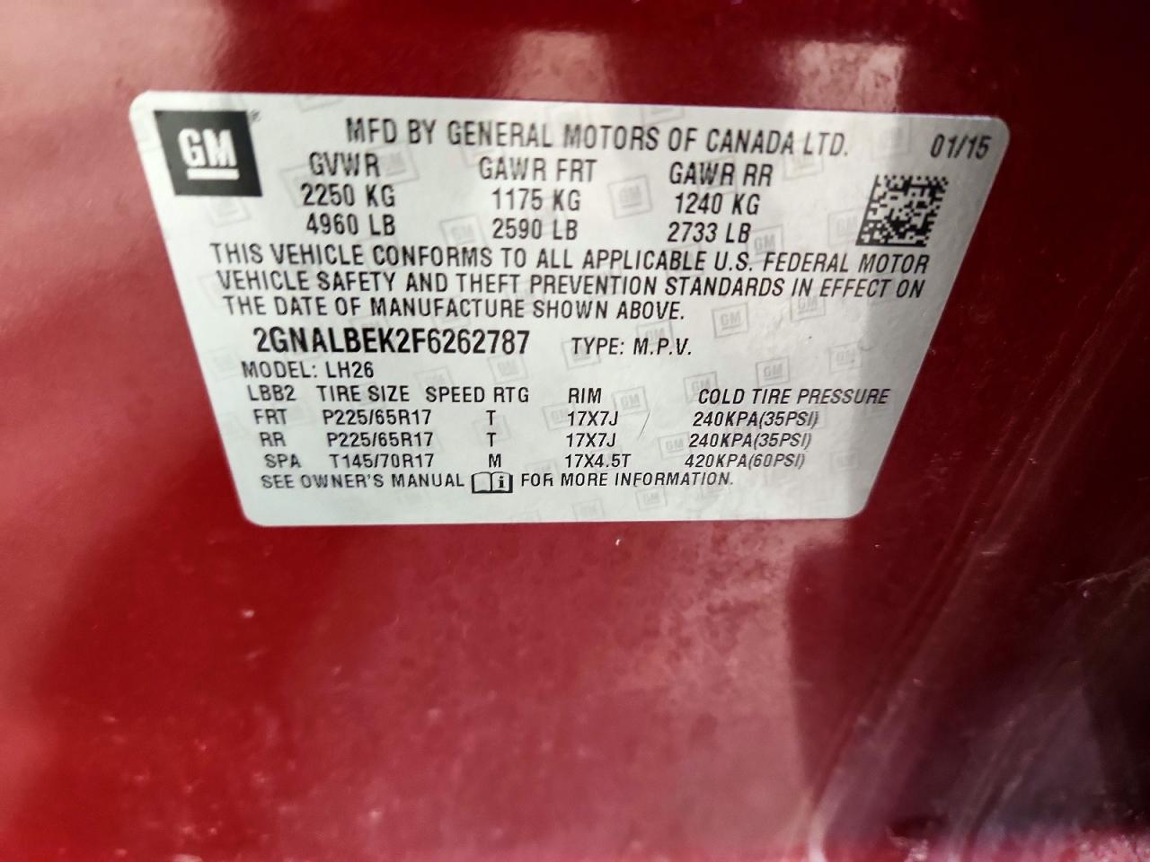 2015 Chevrolet Equinox Lt Red vin: 2GNALBEK2F6262787