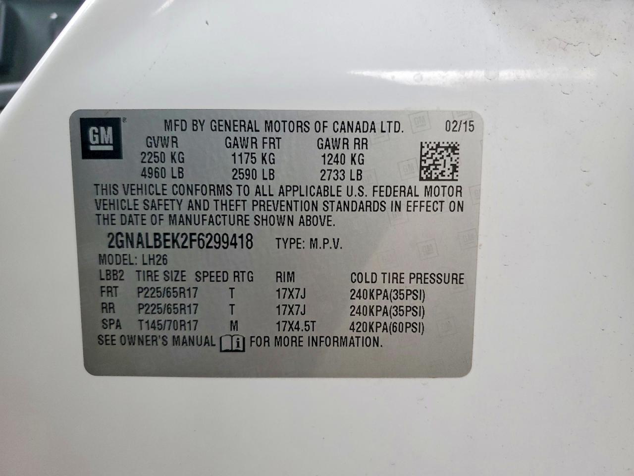 2015 Chevrolet Equinox Lt White vin: 2GNALBEK2F6299418