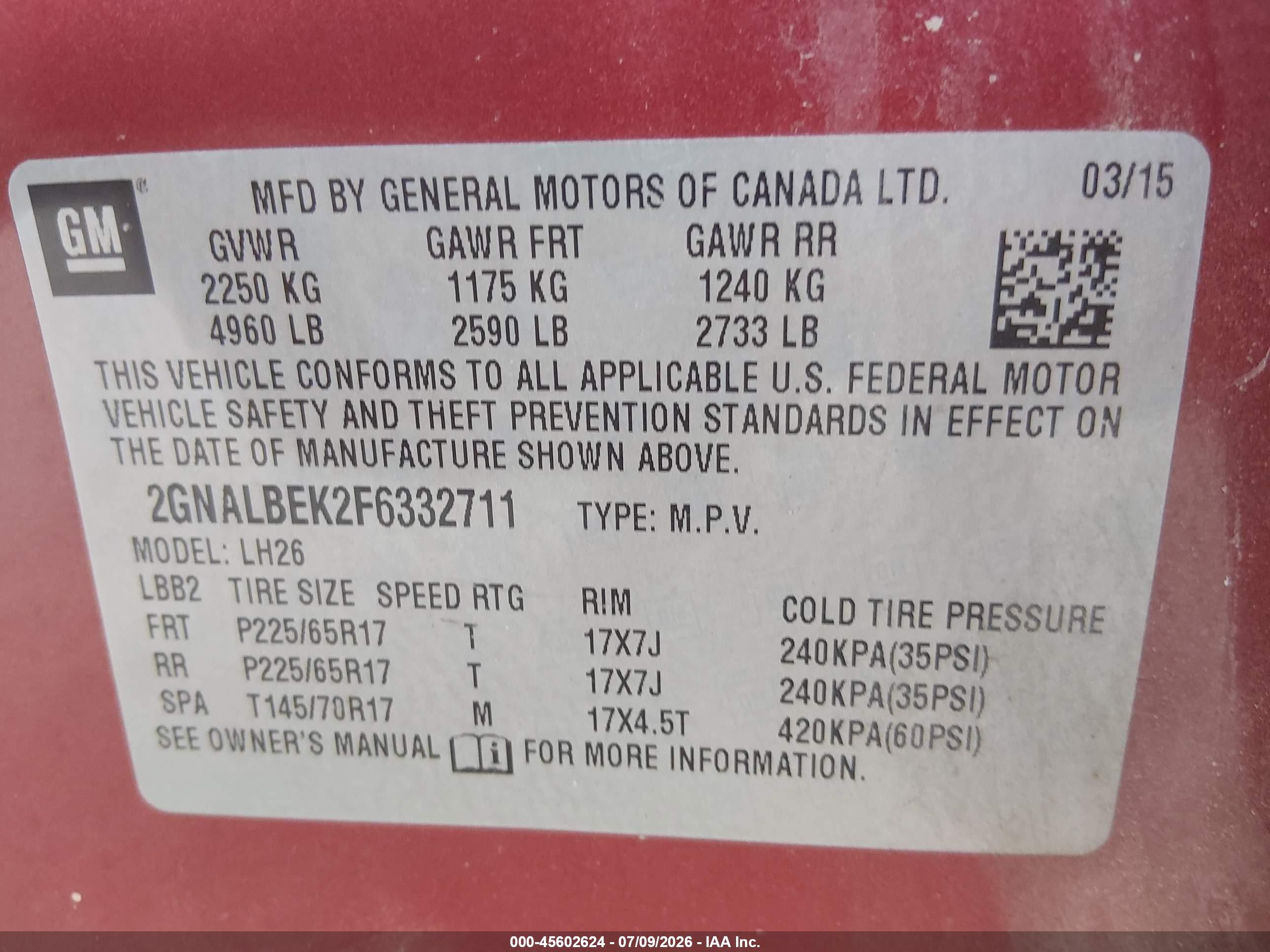 2015 Chevrolet Equinox Lt Red vin: 2GNALBEK2F6332711