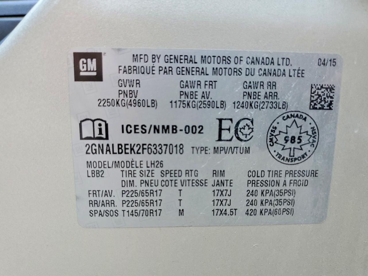 2015 Chevrolet Equinox Lt Tan vin: 2GNALBEK2F6337018