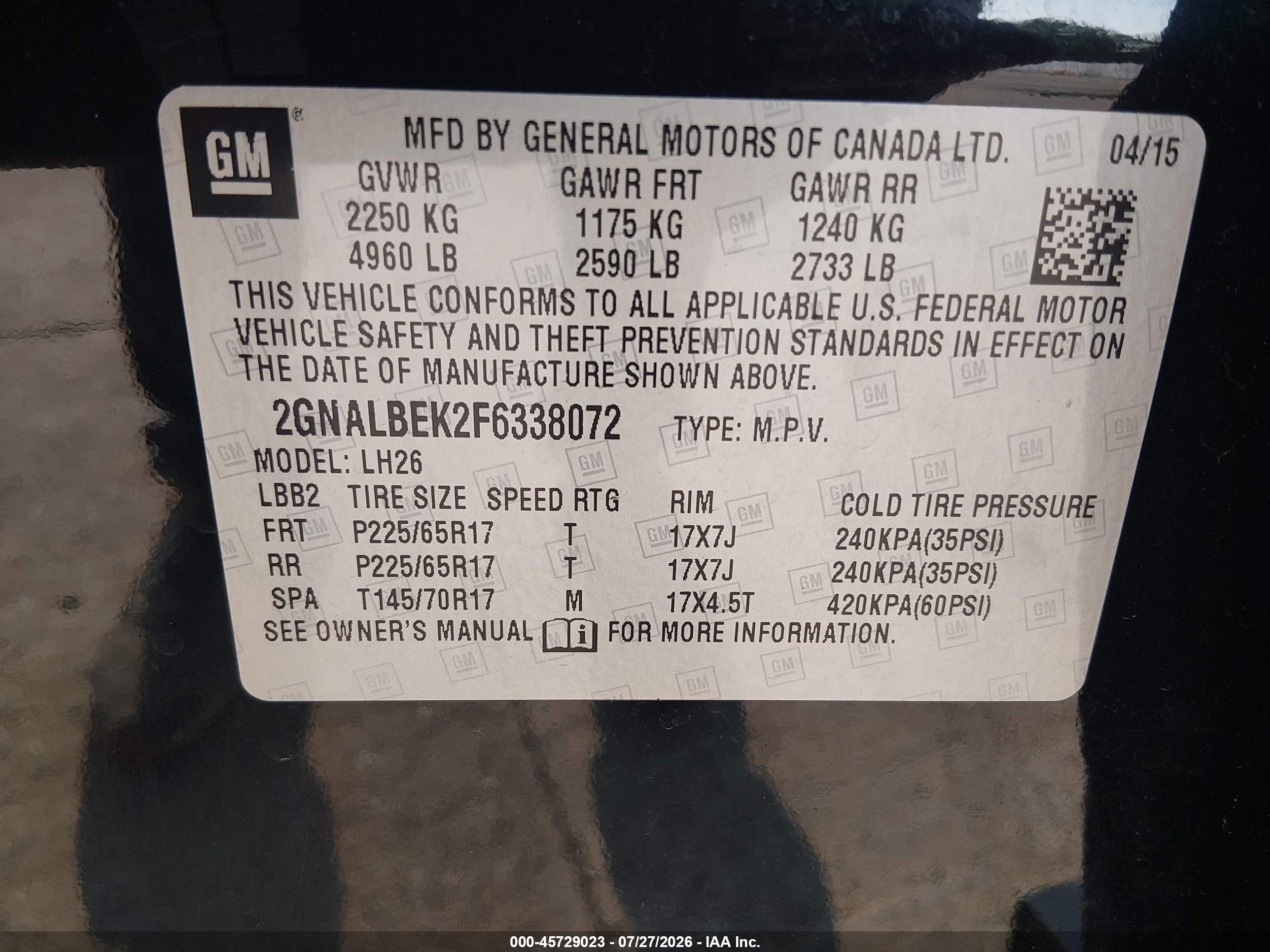 2015 Chevrolet Equinox Lt Black vin: 2GNALBEK2F6338072