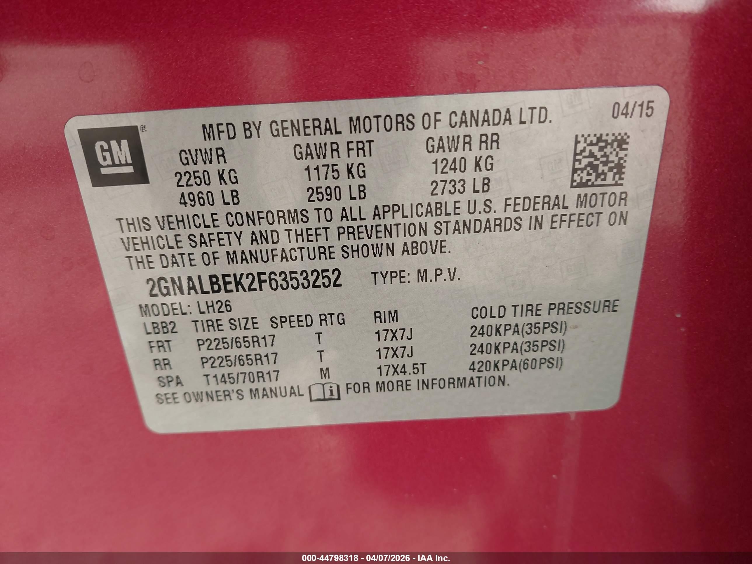2015 Chevrolet Equinox 1lt Red vin: 2GNALBEK2F6353252