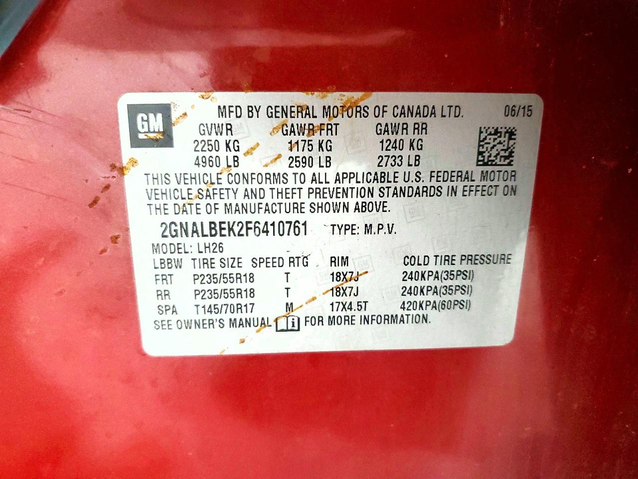2015 Chevrolet Equinox Lt Red vin: 2GNALBEK2F6410761