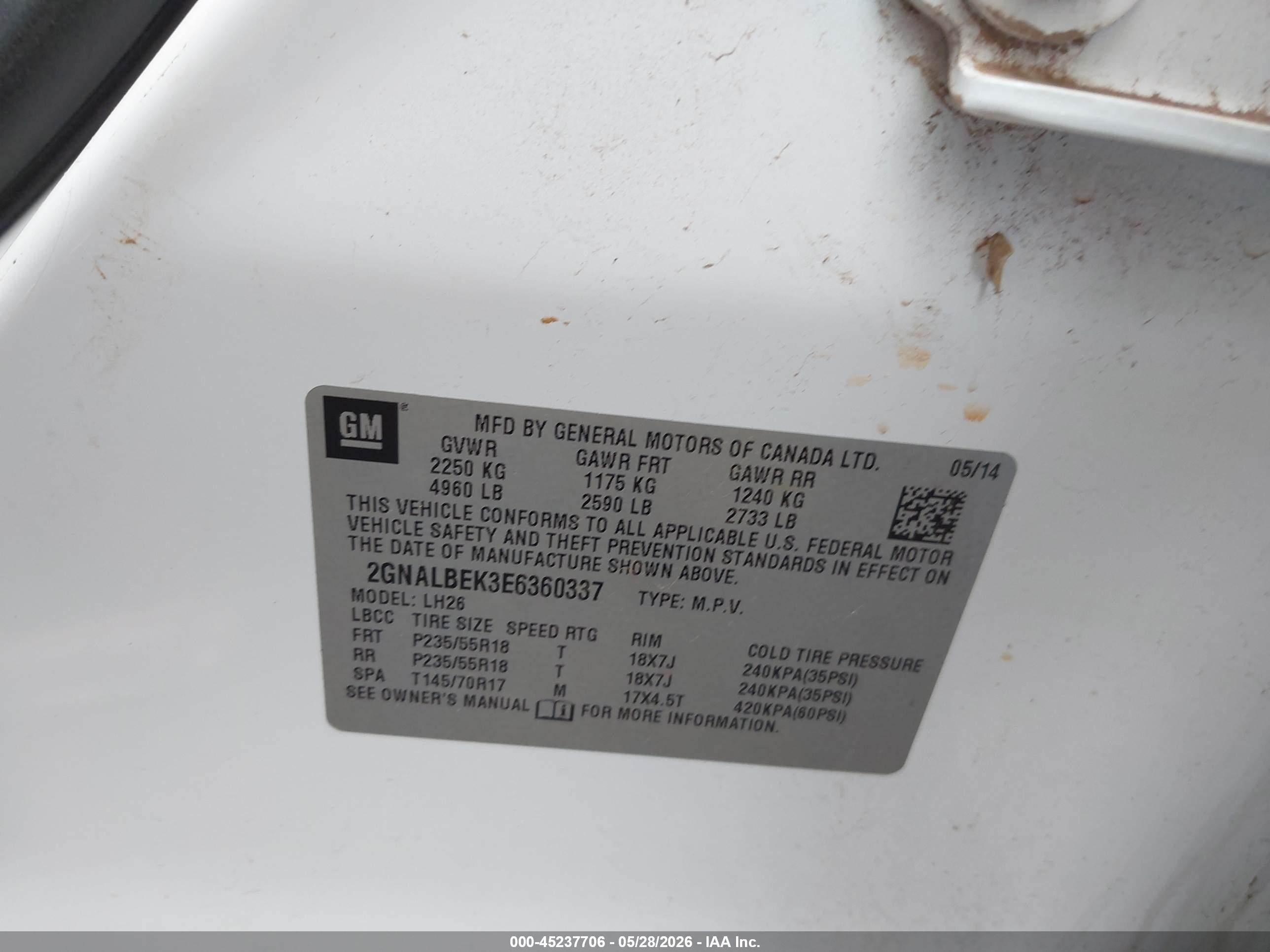 2014 Chevrolet Equinox 1lt White vin: 2GNALBEK3E6360337