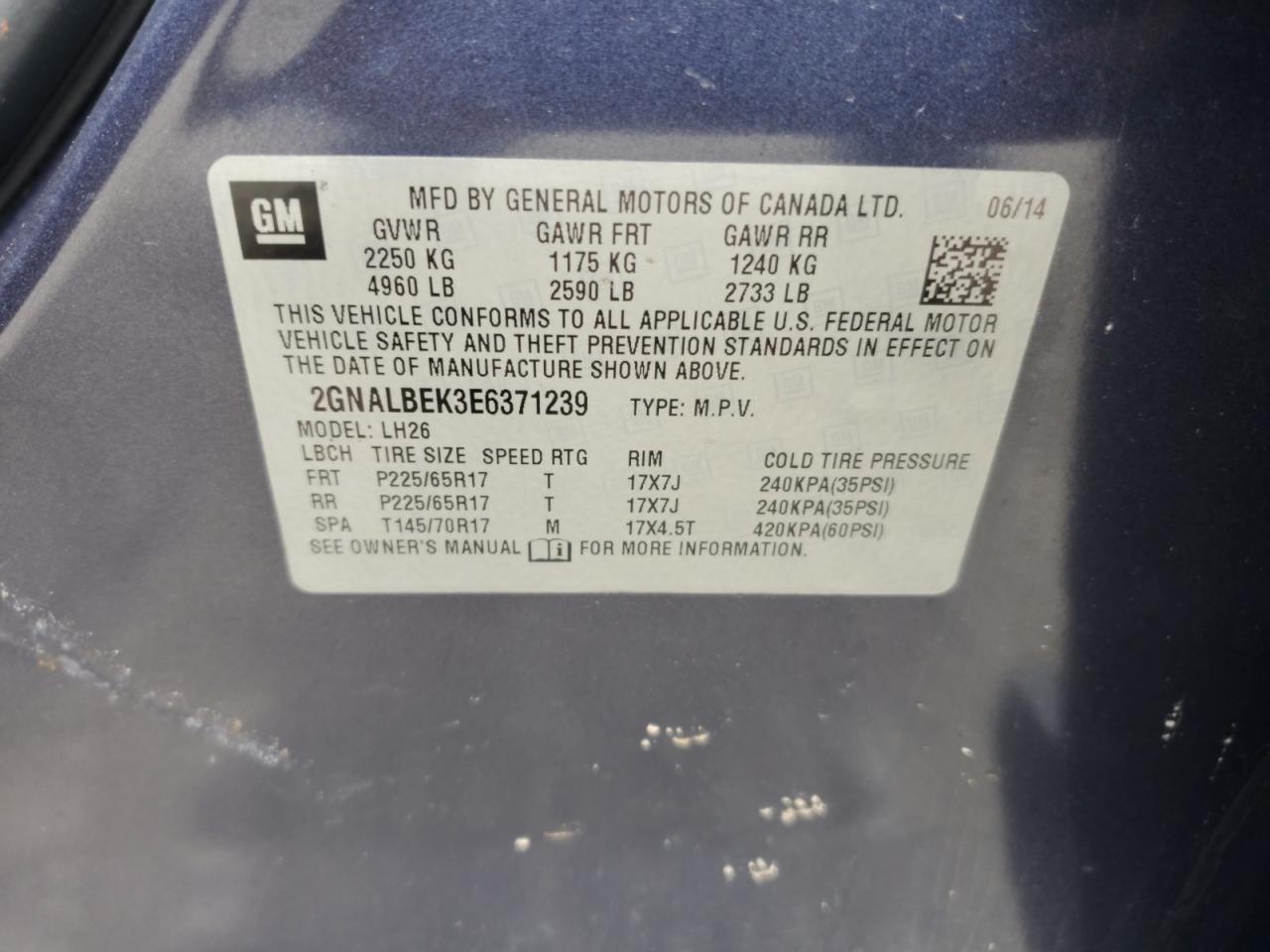 2014 Chevrolet Equinox Lt   Blue vin: 2GNALBEK3E6371239