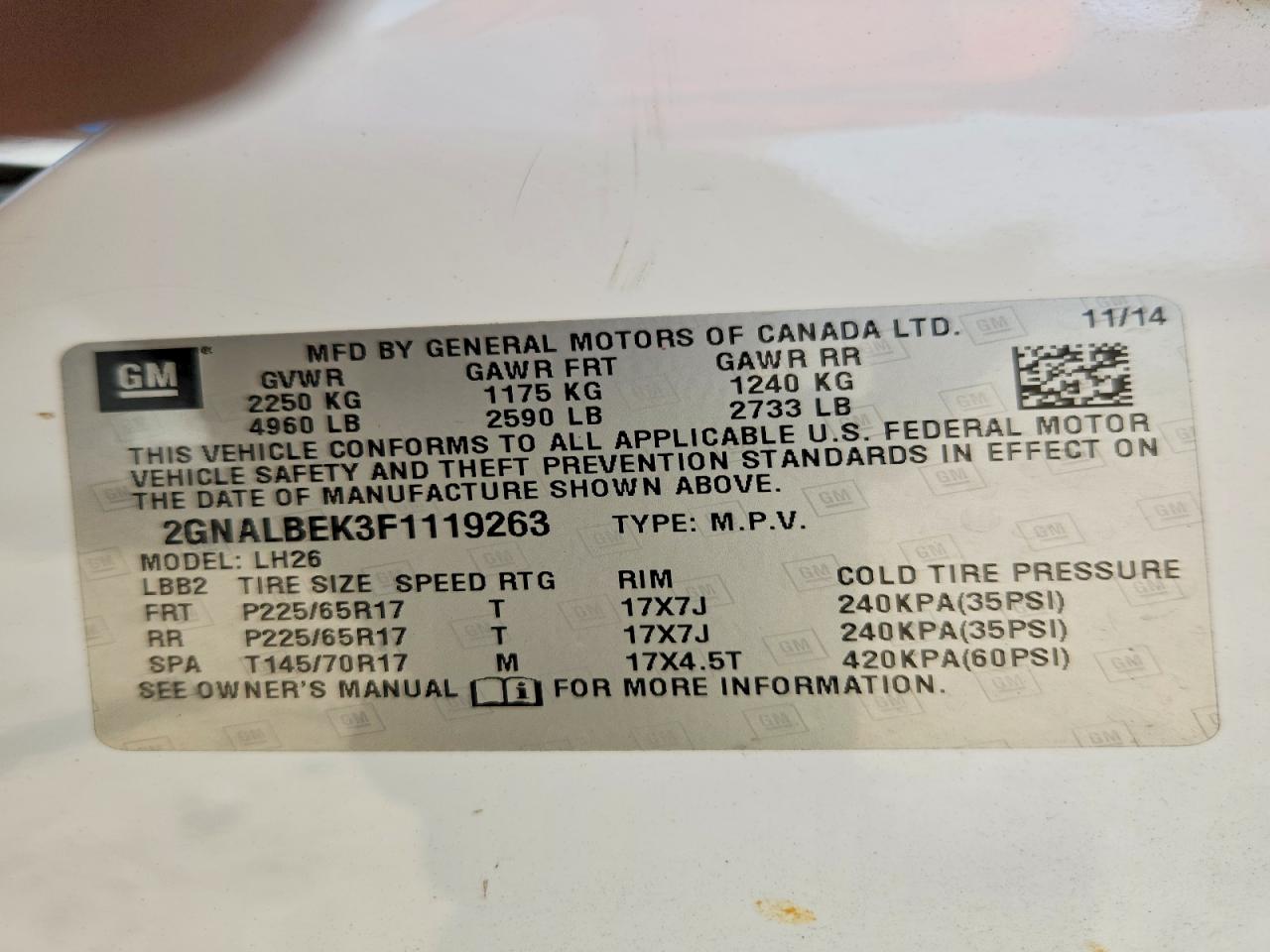 2015 Chevrolet Equinox Lt White vin: 2GNALBEK3F1119263