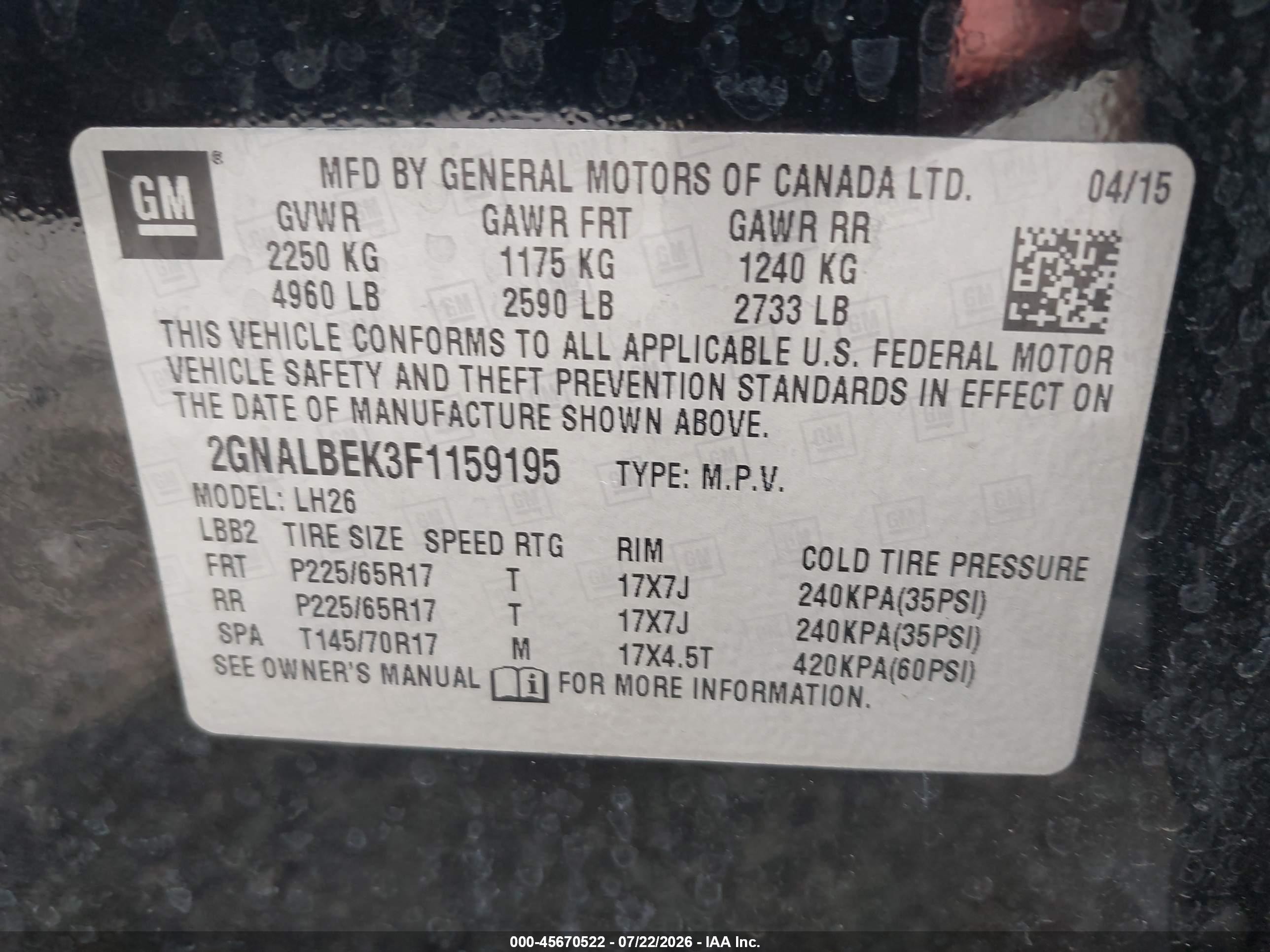 2015 Chevrolet Equinox Lt Black vin: 2GNALBEK3F1159195