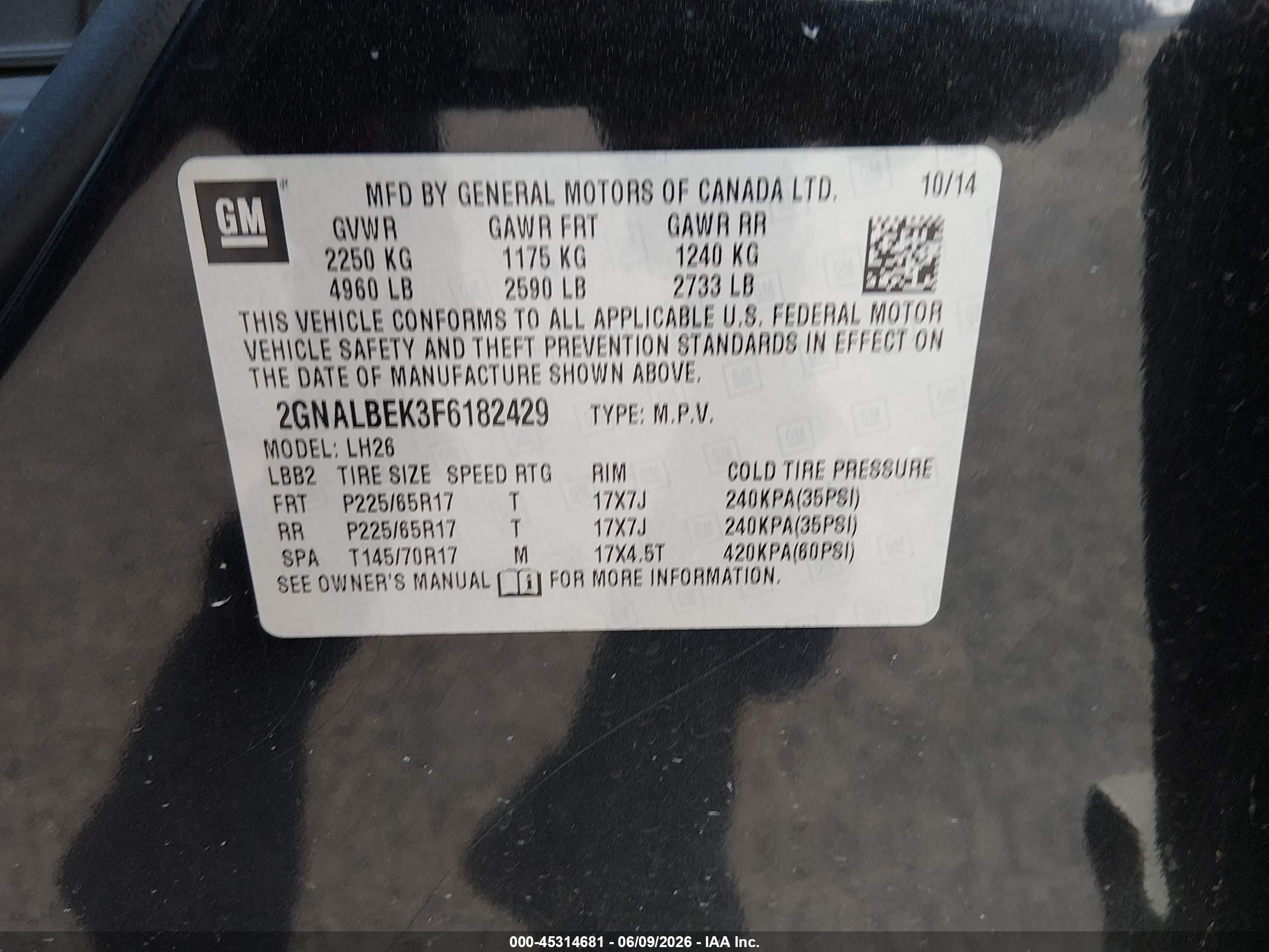 2015 Chevrolet Equinox 1lt Black vin: 2GNALBEK3F6182429