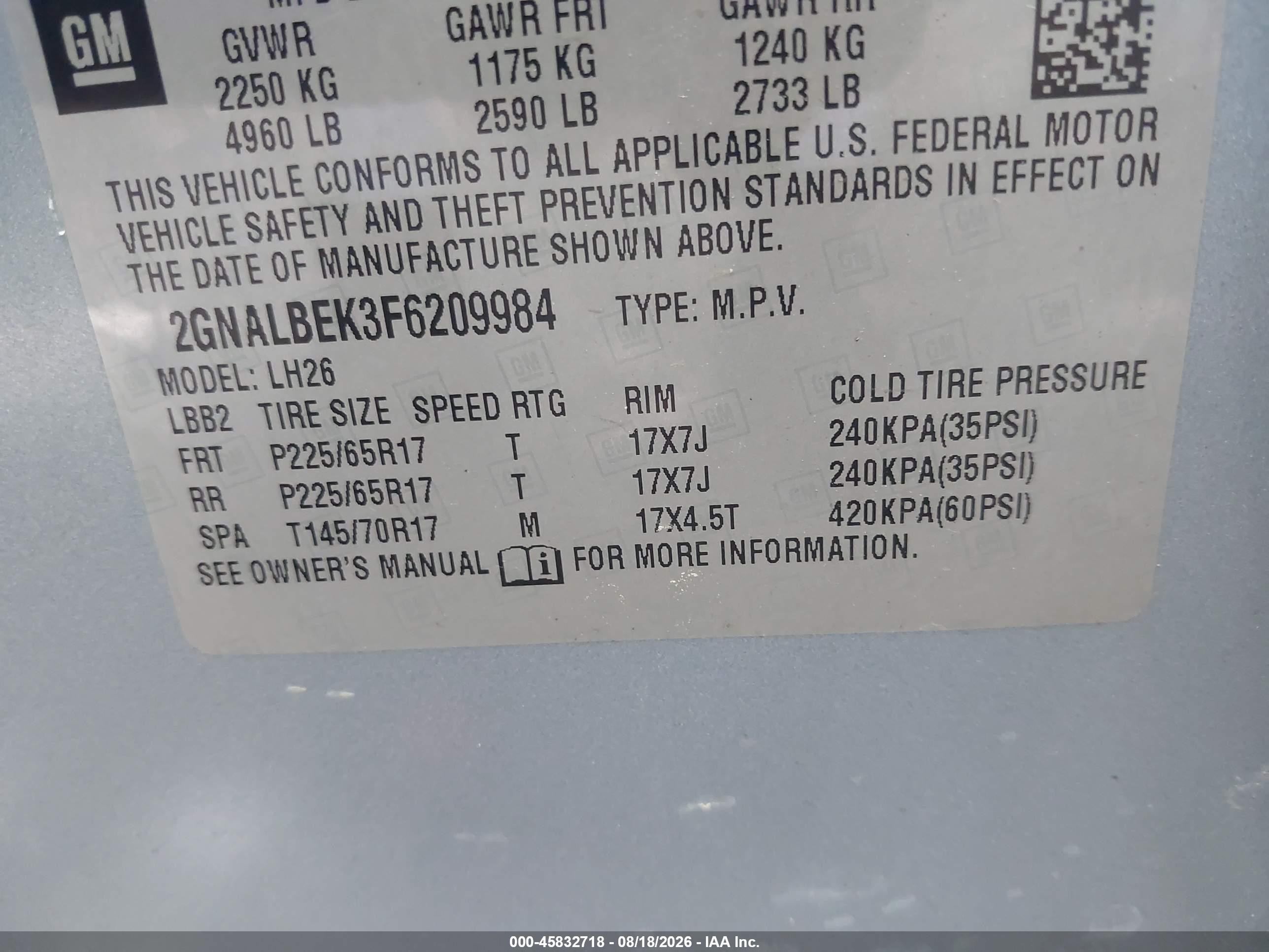 2015 Chevrolet Equinox Lt Light Blue vin: 2GNALBEK3F6209984