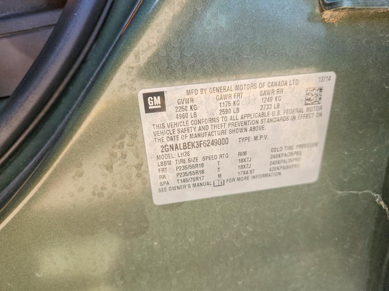 2015 Chevrolet Equinox Lt Green vin: 2GNALBEK3F6249000