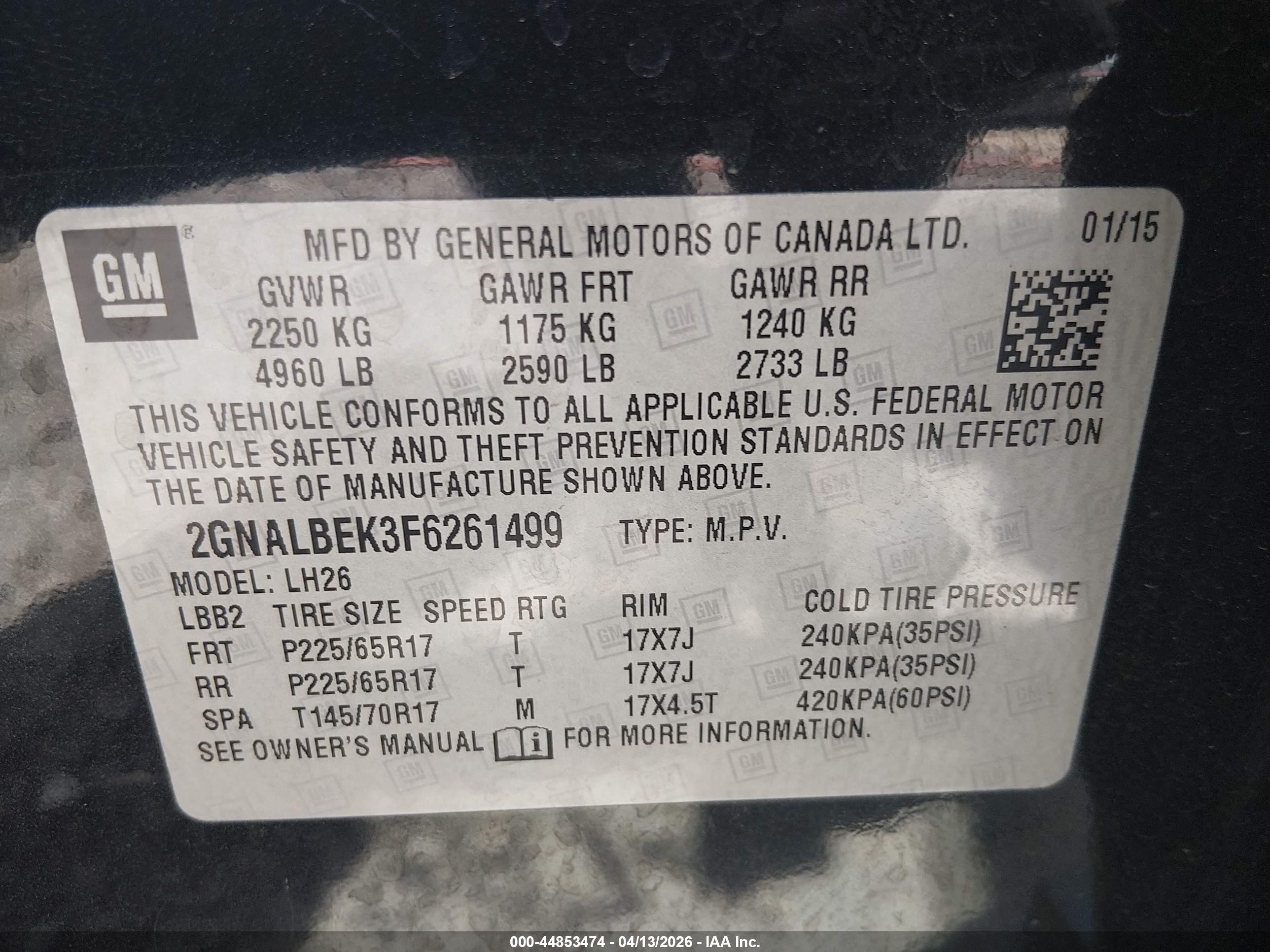2015 Chevrolet Equinox 1lt Black vin: 2GNALBEK3F6261499