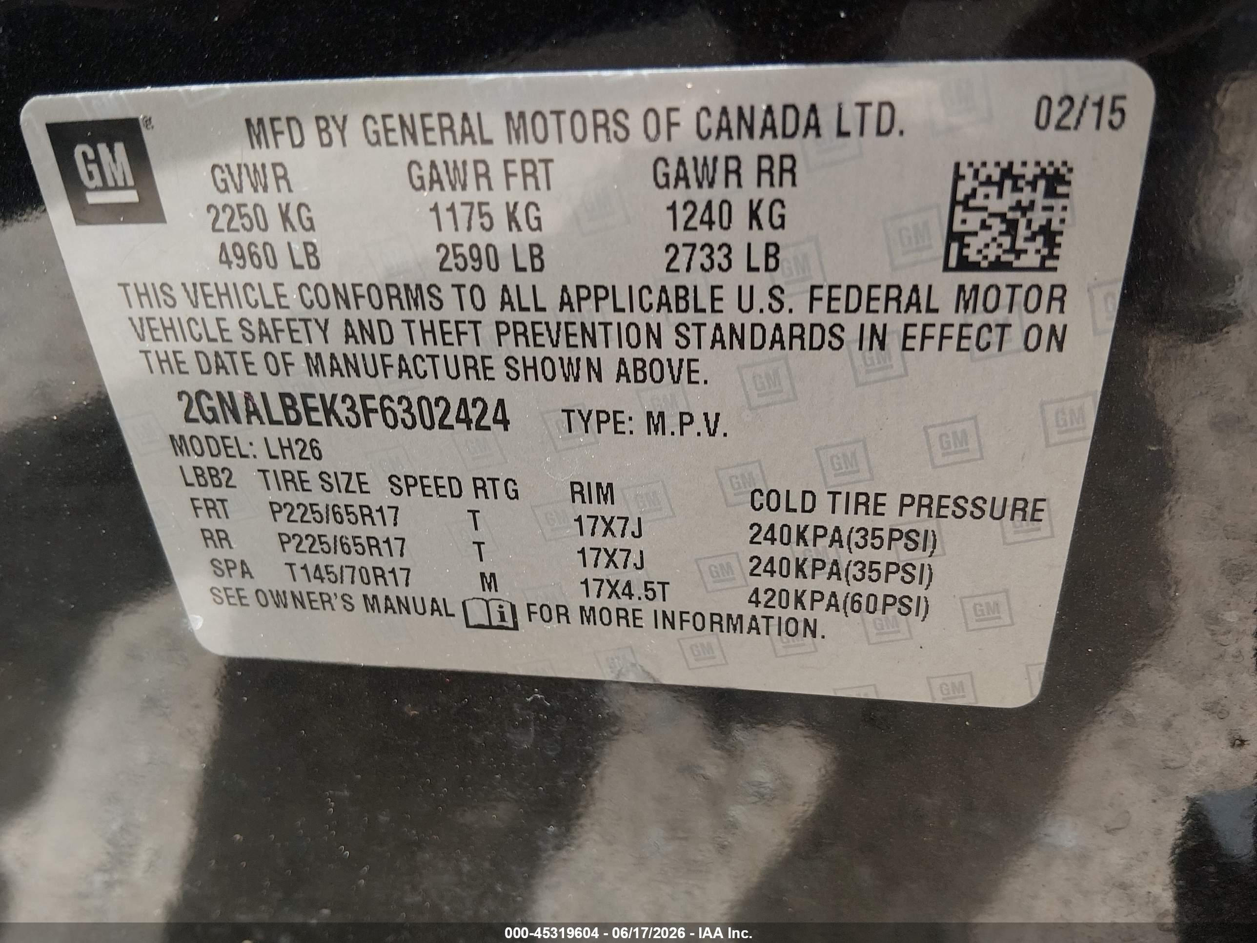 2015 Chevrolet Equinox 1lt Black vin: 2GNALBEK3F6302424