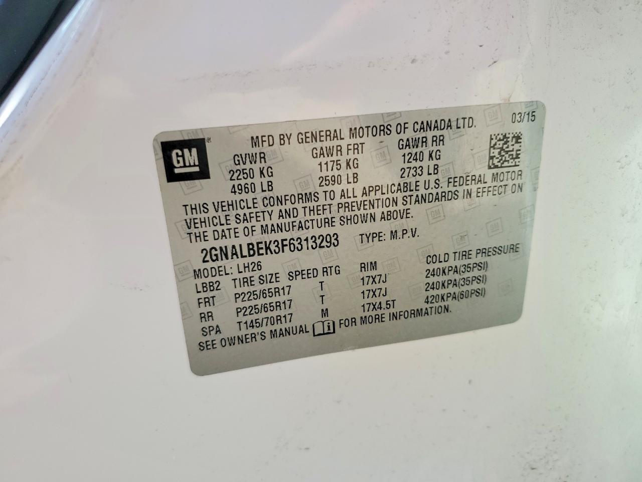 2015 Chevrolet Equinox Lt White vin: 2GNALBEK3F6313293