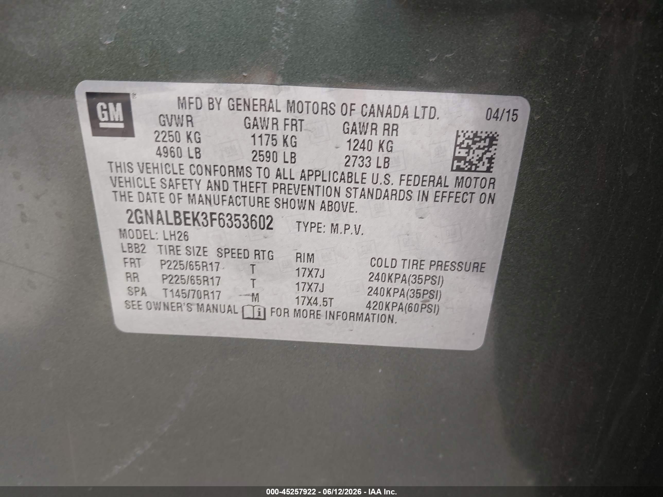 2015 Chevrolet Equinox 1lt Green vin: 2GNALBEK3F6353602