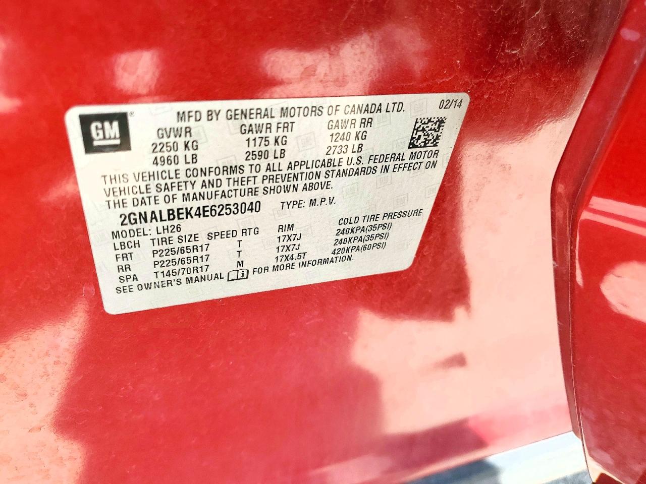 2014 Chevrolet Equinox Lt Red vin: 2GNALBEK4E6253040