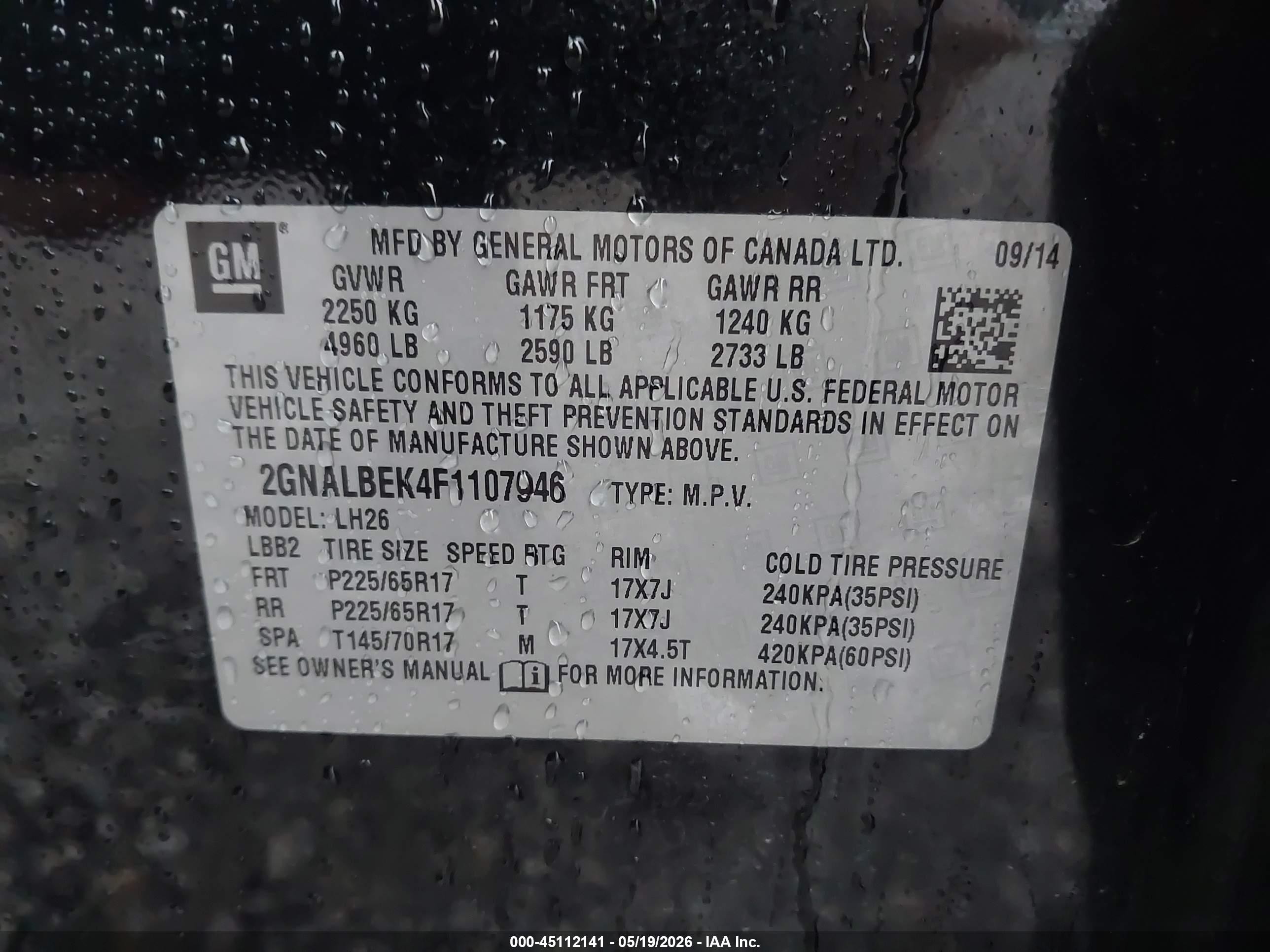 2015 Chevrolet Equinox 1lt Black vin: 2GNALBEK4F1107946