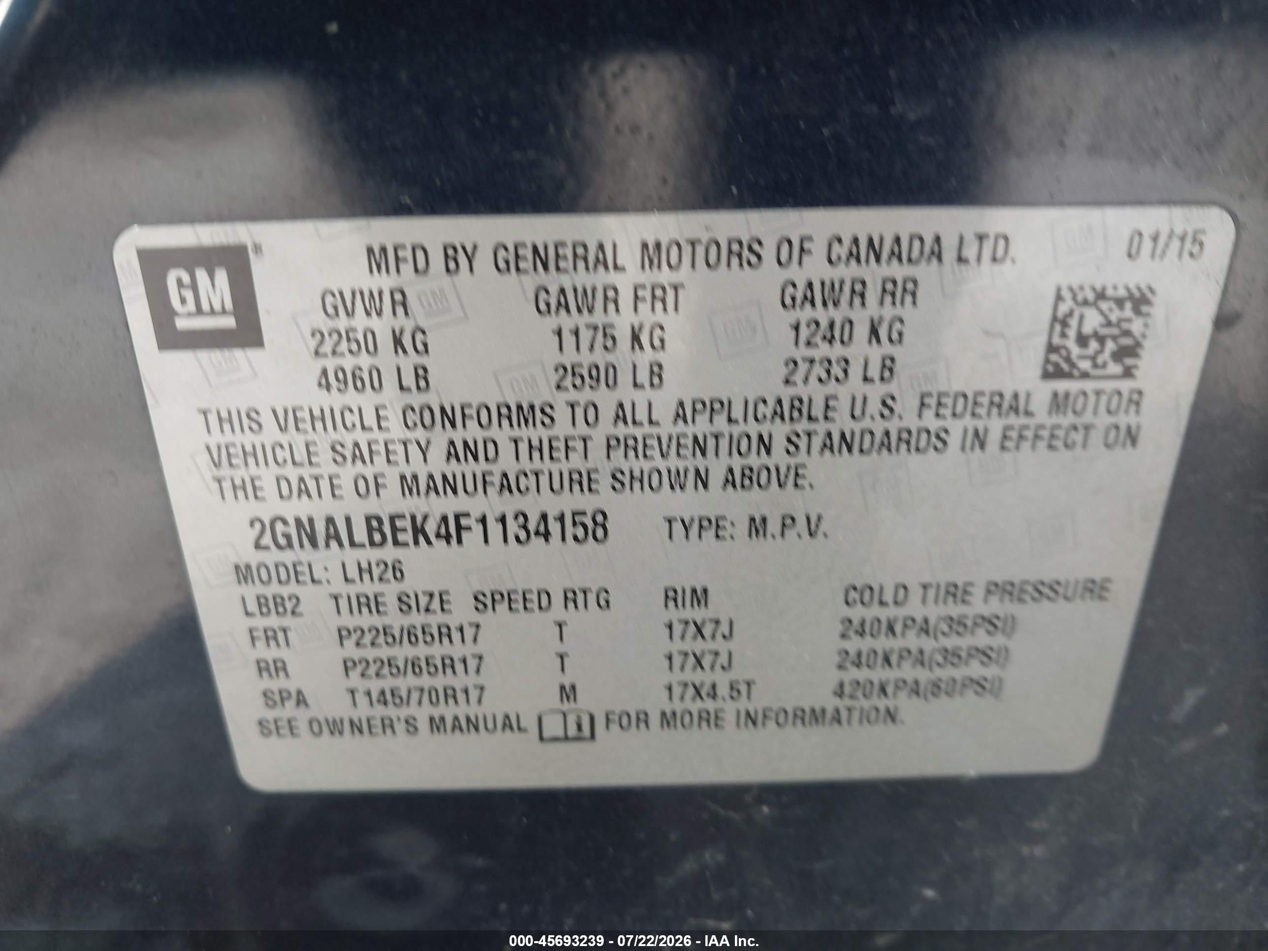 2015 Chevrolet Equinox Lt Blue vin: 2GNALBEK4F1134158