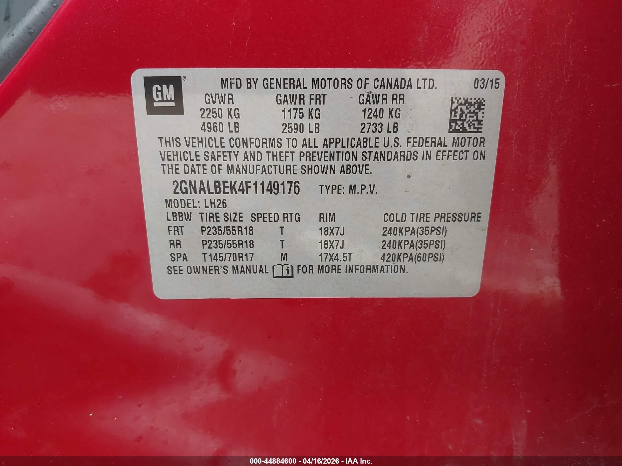 2015 Chevrolet Equinox 1lt Red vin: 2GNALBEK4F1149176