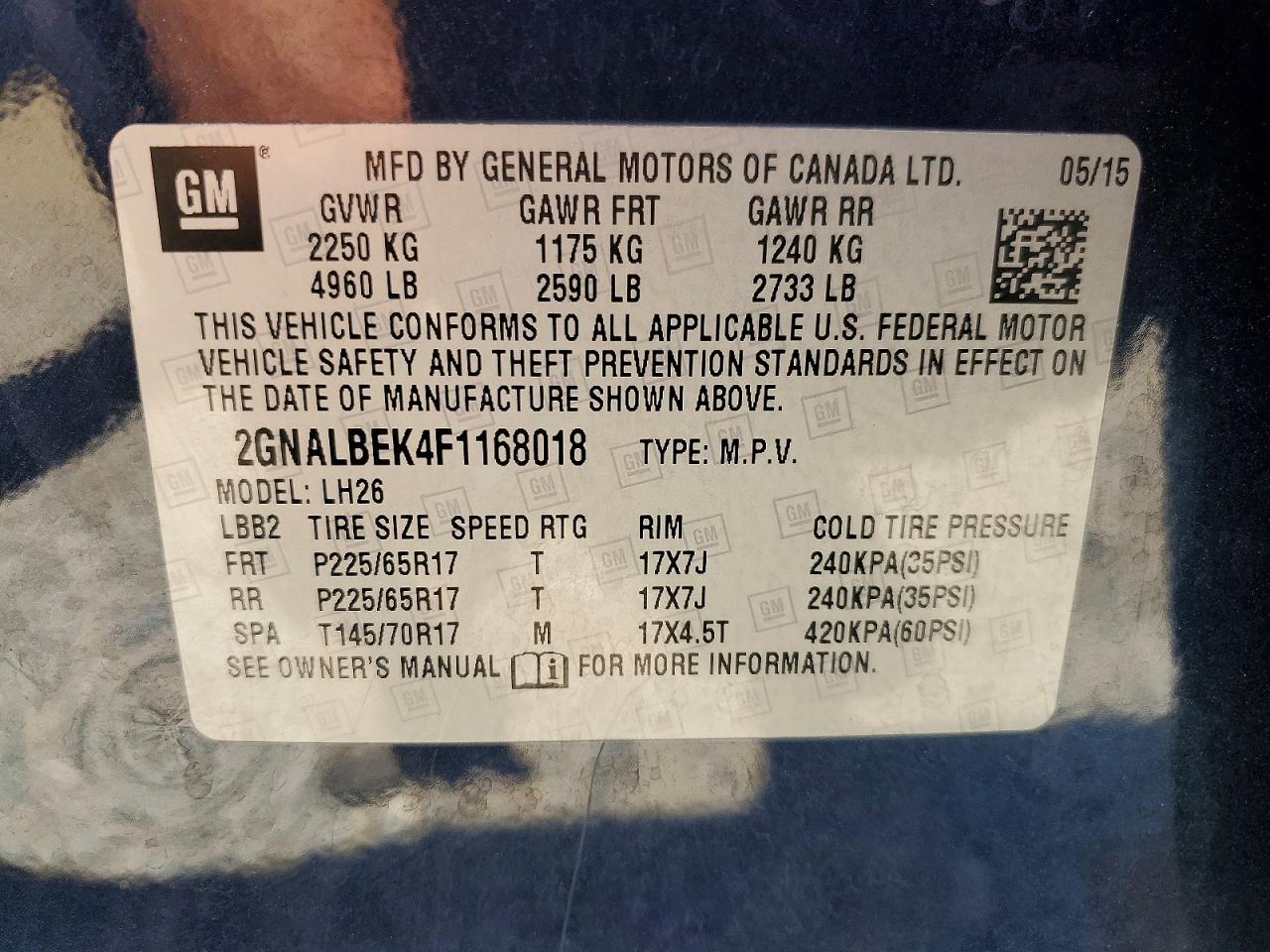 2015 Chevrolet Equinox Lt Blue vin: 2GNALBEK4F1168018