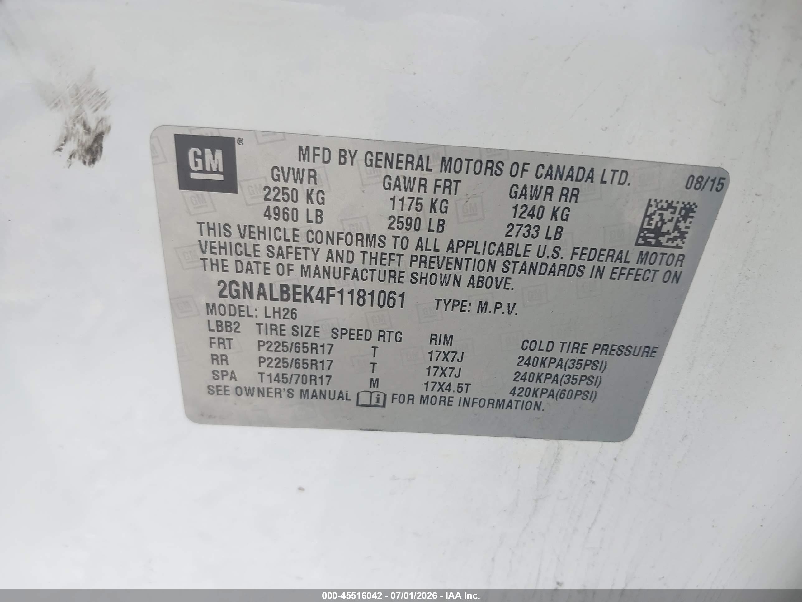2015 Chevrolet Equinox Lt White vin: 2GNALBEK4F1181061