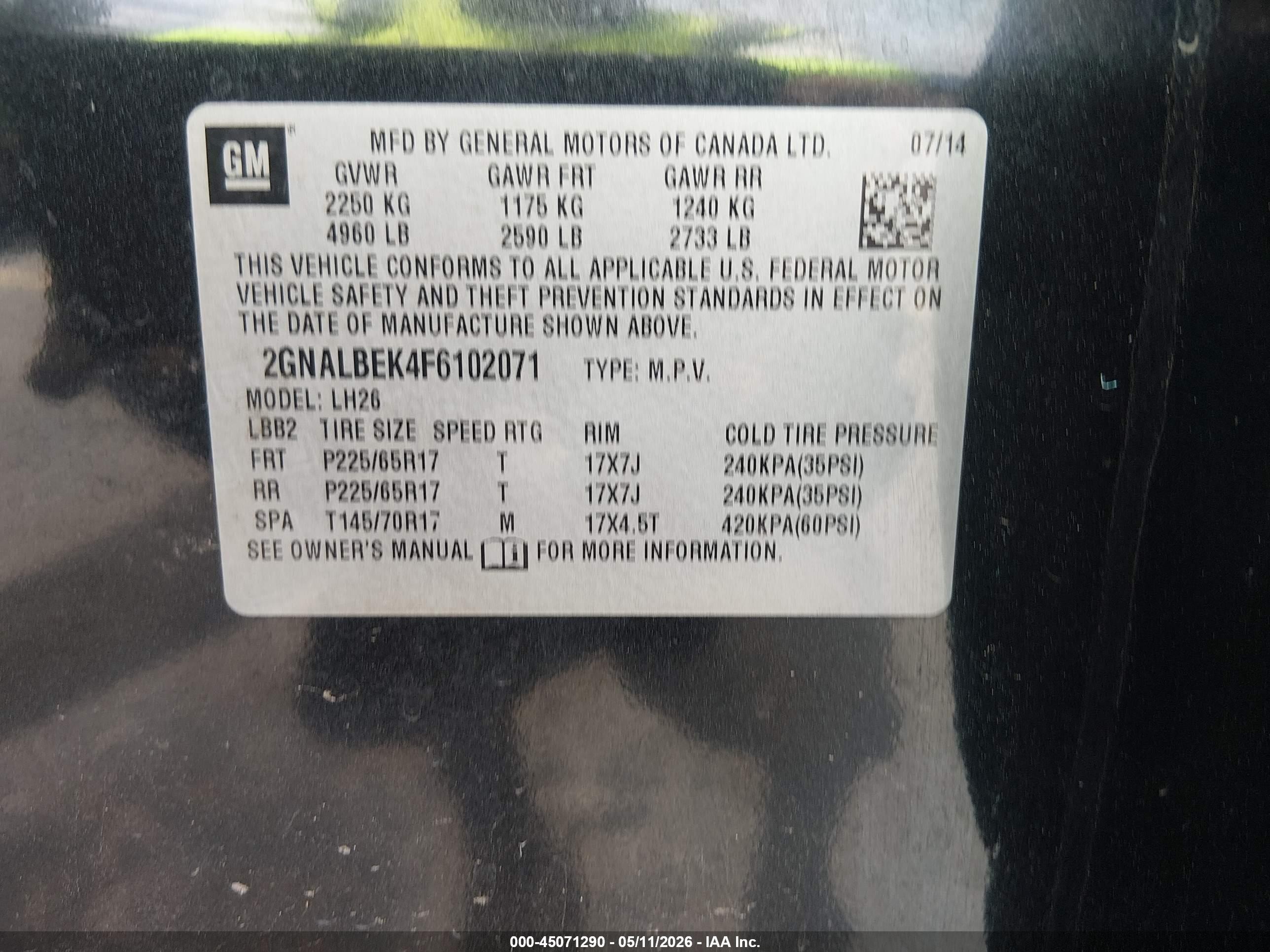 2015 Chevrolet Equinox 1lt Black vin: 2GNALBEK4F6102071