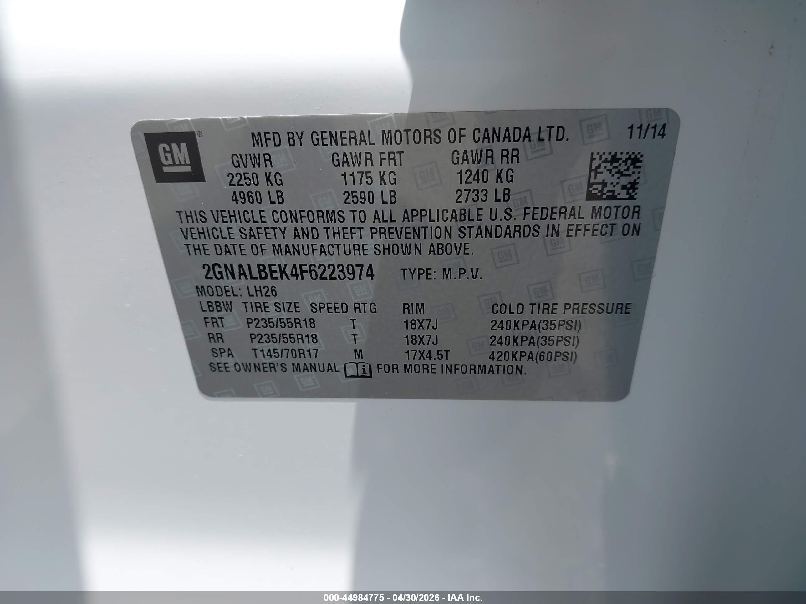 2015 Chevrolet Equinox 1lt Белый vin: 2GNALBEK4F6223974