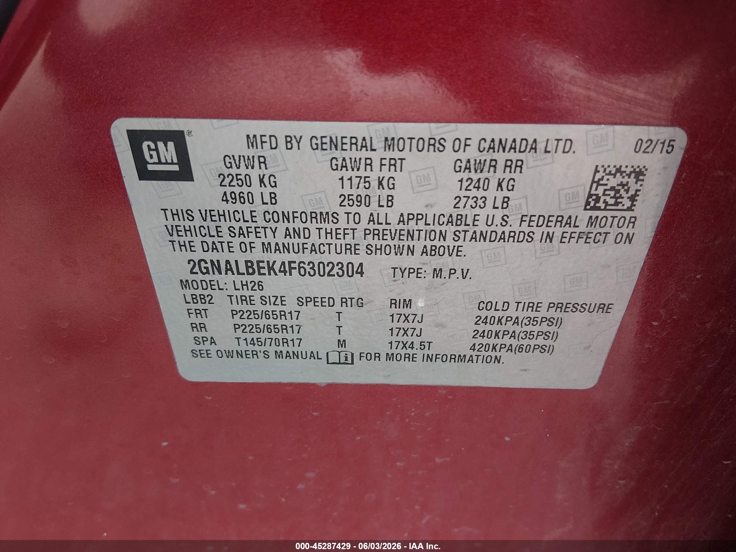 2015 Chevrolet Equinox 1lt Red vin: 2GNALBEK4F6302304