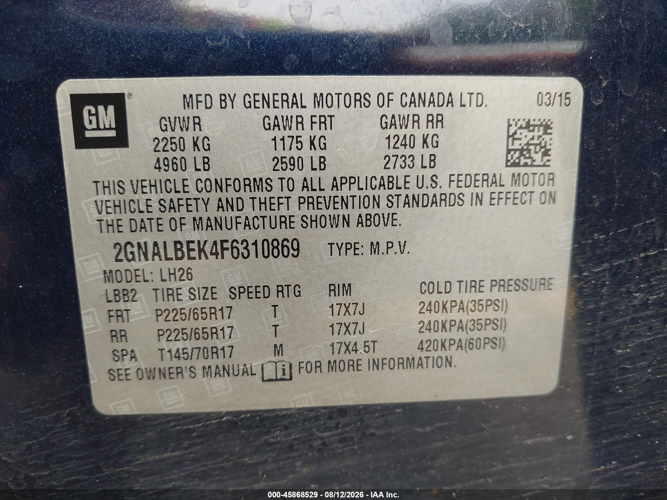 2015 Chevrolet Equinox Lt Navy vin: 2GNALBEK4F6310869
