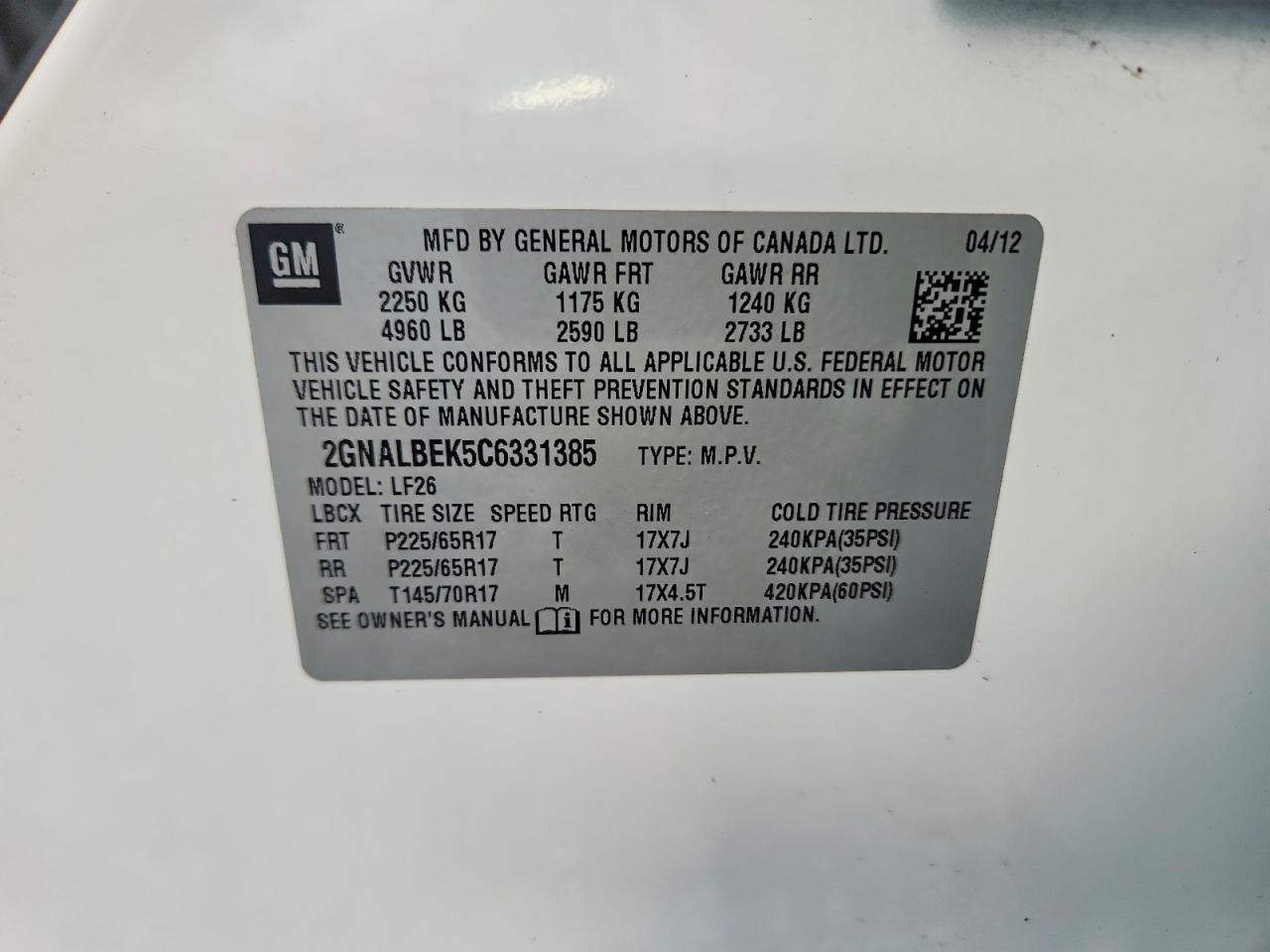 2012 Chevrolet Equinox Ls White vin: 2GNALBEK5C6331385