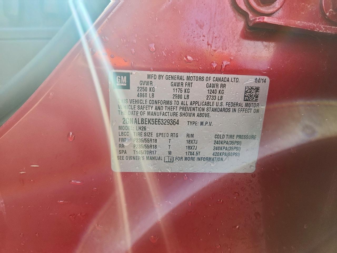 2014 Chevrolet Equinox Lt Red vin: 2GNALBEK5E6329364