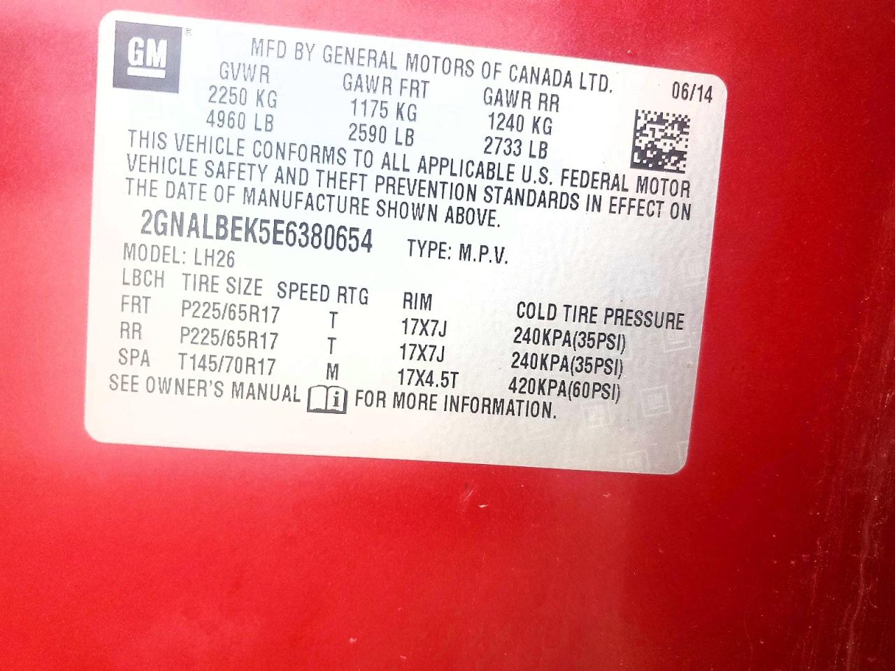 2014 Chevrolet Equinox Lt Red vin: 2GNALBEK5E6380654