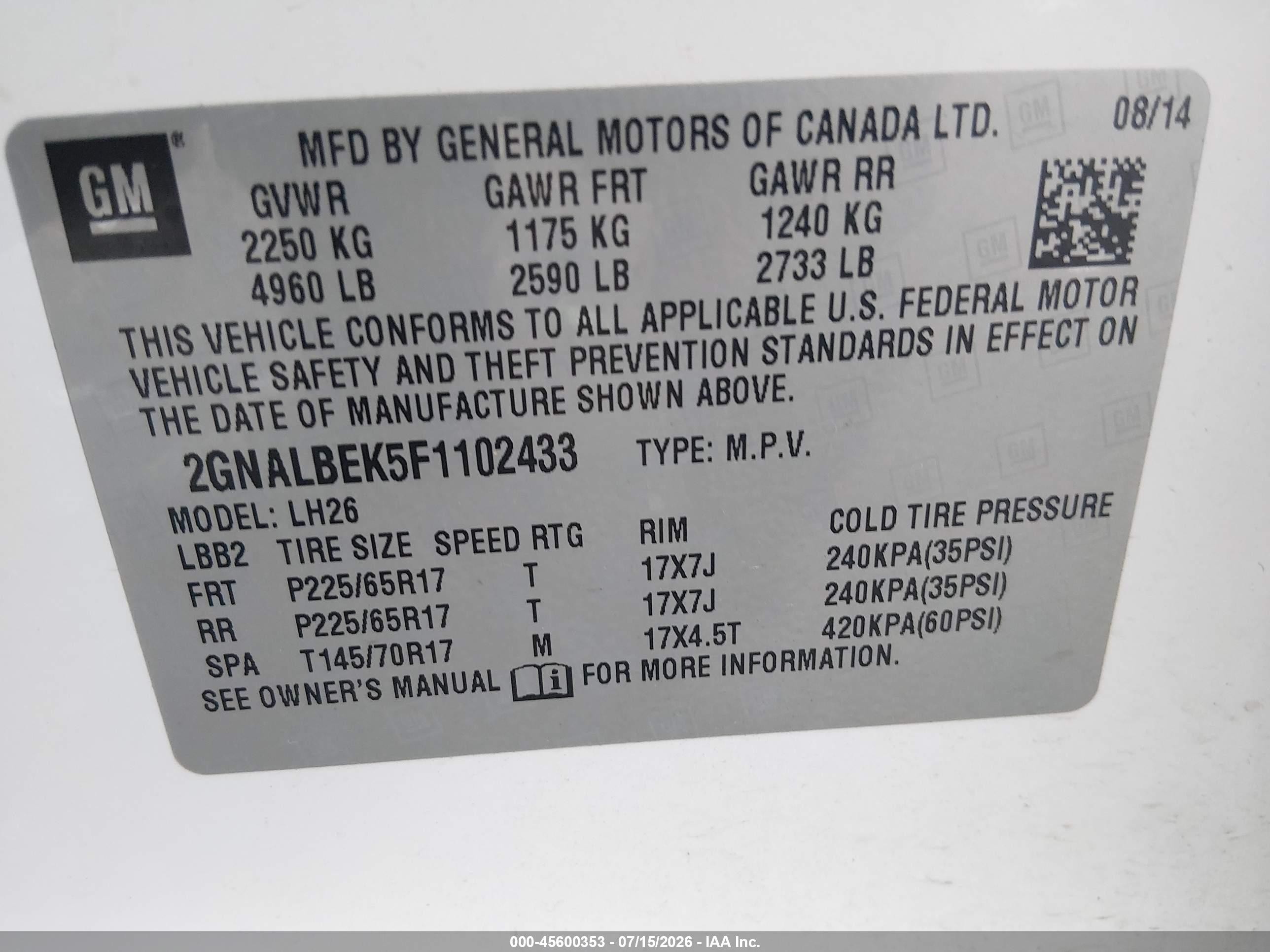 2015 Chevrolet Equinox Lt White vin: 2GNALBEK5F1102433