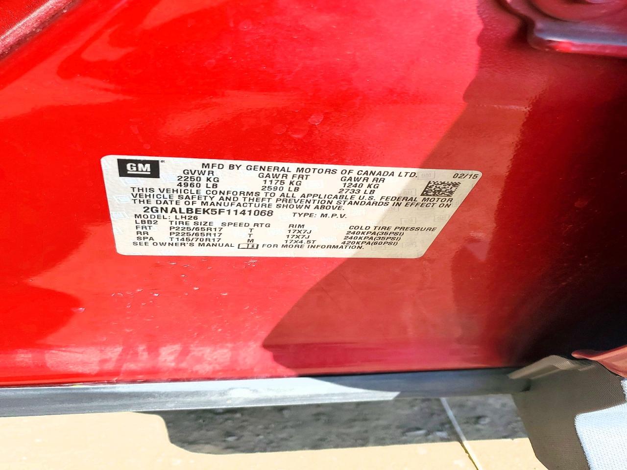 2015 Chevrolet Equinox Lt Red vin: 2GNALBEK5F1141068