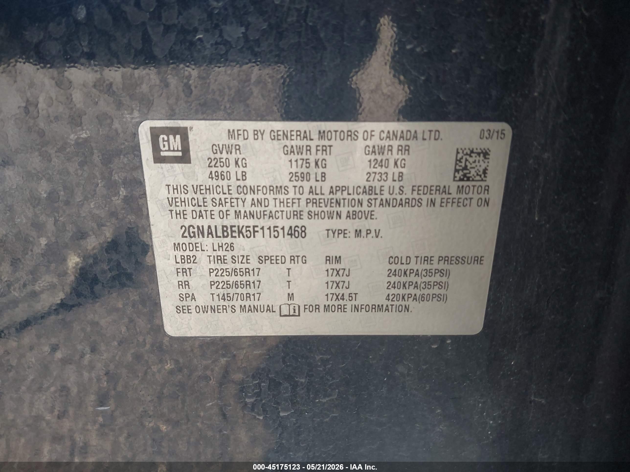 2015 Chevrolet Equinox 1lt Blue vin: 2GNALBEK5F1151468