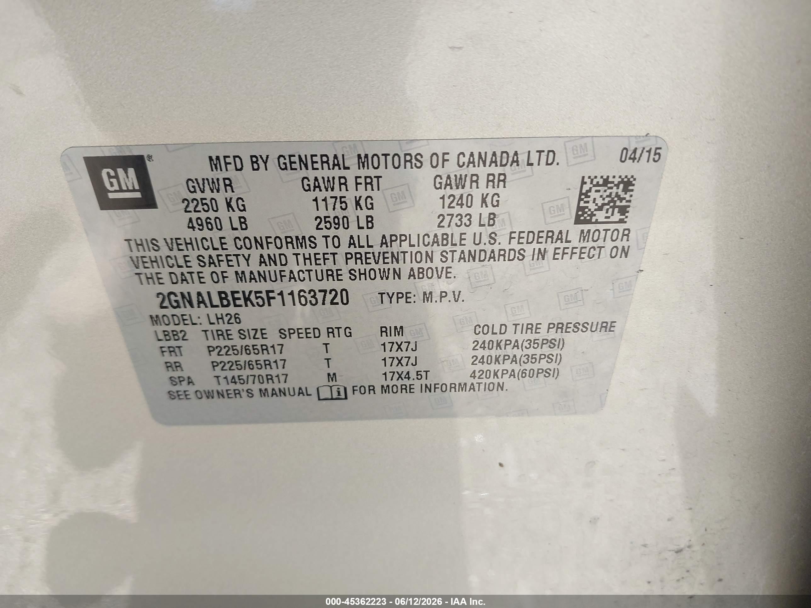 2015 Chevrolet Equinox Lt Champagne vin: 2GNALBEK5F1163720