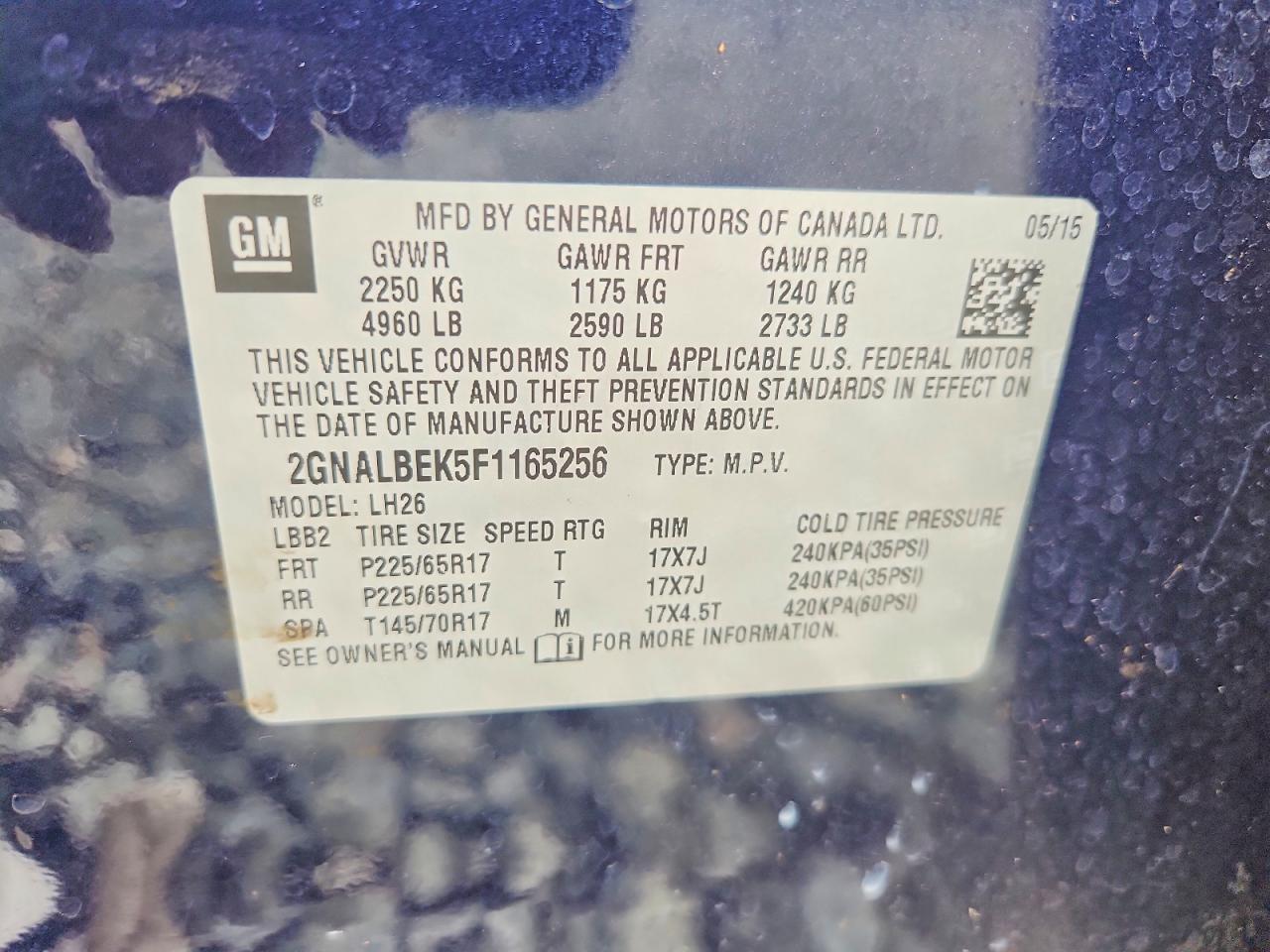 2015 Chevrolet Equinox Lt Blue vin: 2GNALBEK5F1165256